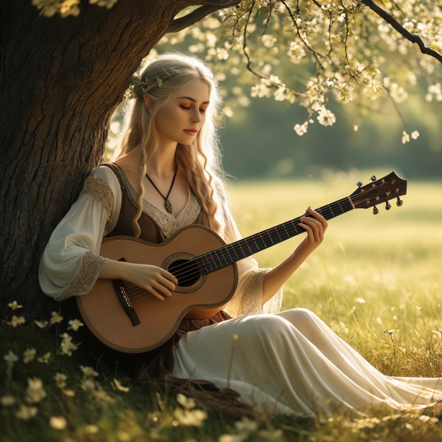 Image with seed 819299233 generated via Stable Diffusion through @stablehorde@sigmoid.social. Prompt: beautiful Elven lady playing the lute under a tree in a meadow