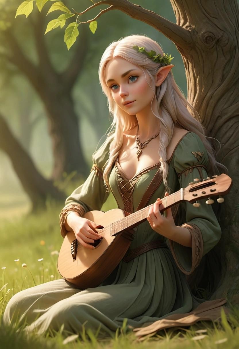 Image with seed 34336084 generated via Stable Diffusion through @stablehorde@sigmoid.social. Prompt: beautiful Elven lady playing the lute under a tree in a meadow 