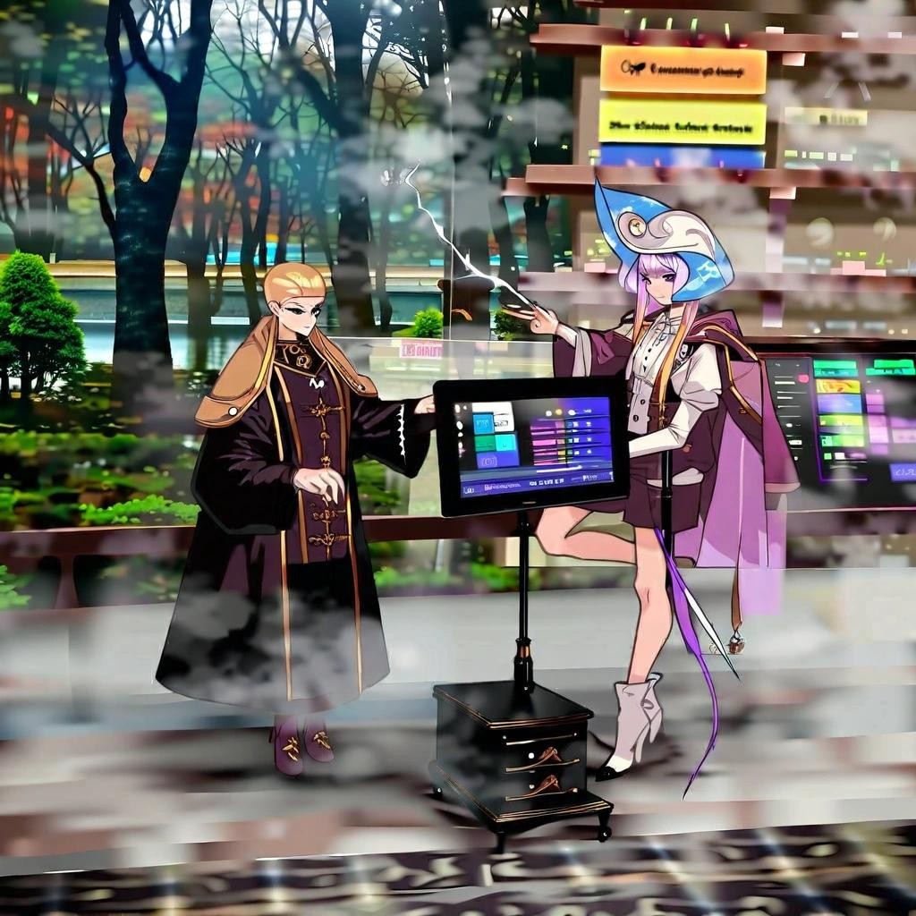 Image with seed 289145100 generated via Stable Diffusion through @stablehorde@sigmoid.social. Prompt: a trans femme witchzard, a mix of a witch and wizard, a non-binary person presenting feminine, in a beautiful and enchanted forest, writing software at a steam-punk computer terminal. ###aidxlv05_neg,