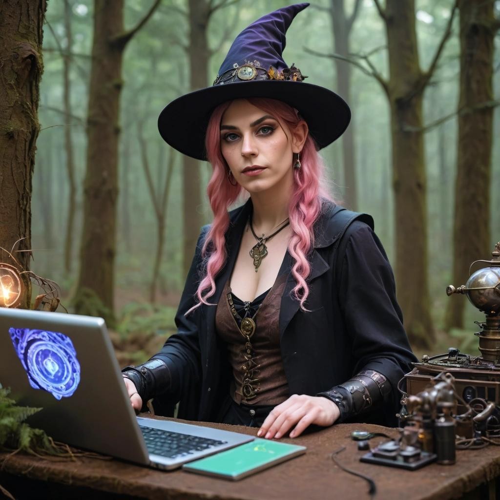 Image with seed 2979155990 generated via Stable Diffusion through @stablehorde@sigmoid.social. Prompt: a trans femme witchzard, a mix of a witch and wizard, a non-binary person presenting feminine, in a beautiful and enchanted forest, writing software at a steam-punk computer terminal. 