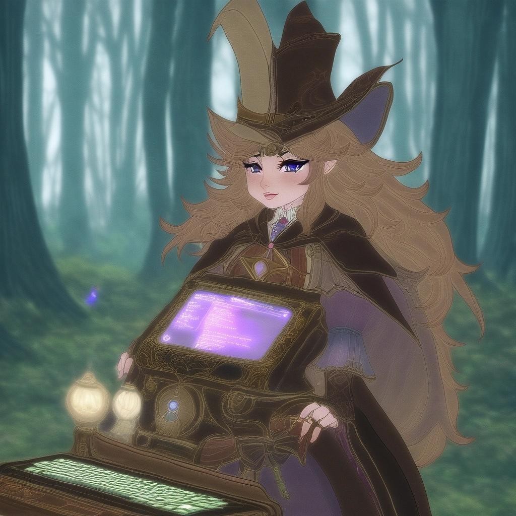 Image with seed 4182747192 generated via Stable Diffusion through @stablehorde@sigmoid.social. Prompt: a trans femme witchzard, a mix of a witch and wizard, a non-binary person presenting feminine, in a beautiful and enchanted forest, writing software at a steam-punk computer terminal. ###aidxlv05_neg,