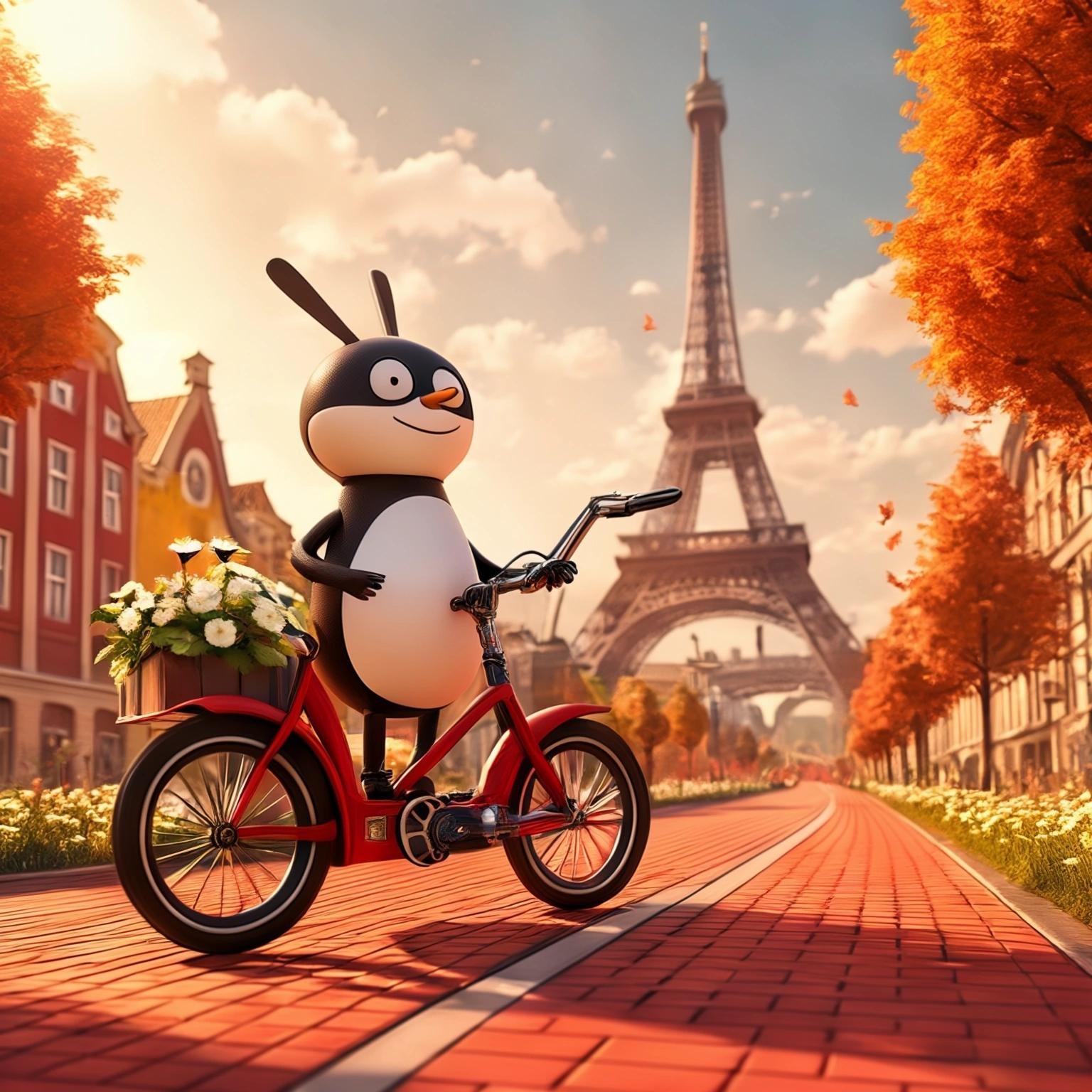 Image with seed 3647011287 generated via Stable Diffusion through @stablehorde@sigmoid.social. Prompt: Tux the Linux mascot driving a cargo bike with Wall-E in it on a red colored bike lane in future city of Dresden in the year 2045 with wind generators, photovoltaic panels on the buildings, trees and flowers in the background.