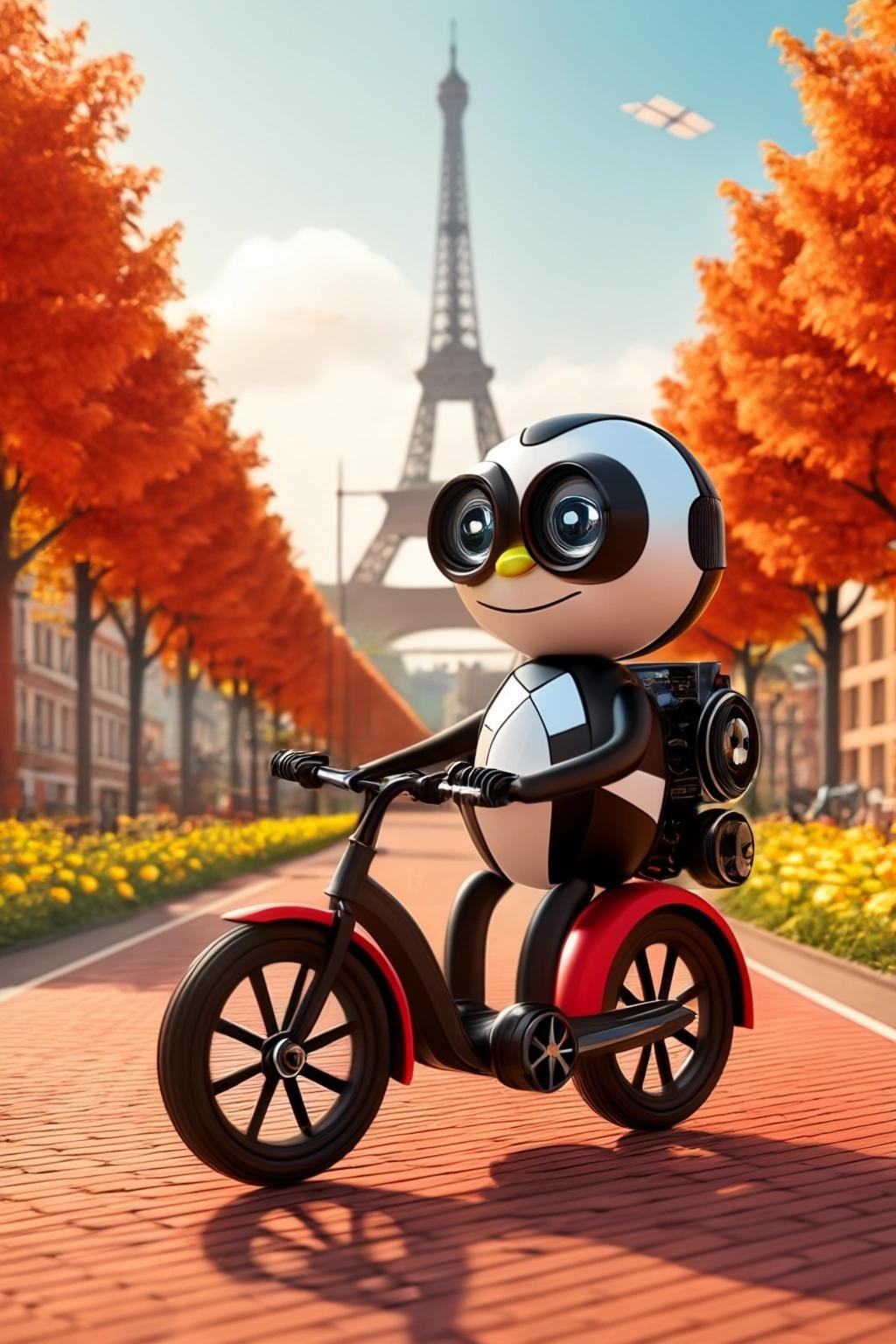 Image with seed 2382056205 generated via Stable Diffusion through @stablehorde@sigmoid.social. Prompt: Tux the Linux mascot driving a cargo bike with Wall-E in it on a red colored bike lane in future city of Dresden in the year 2045 with wind generators, photovoltaic panels on the buildings, trees and flowers in the background.