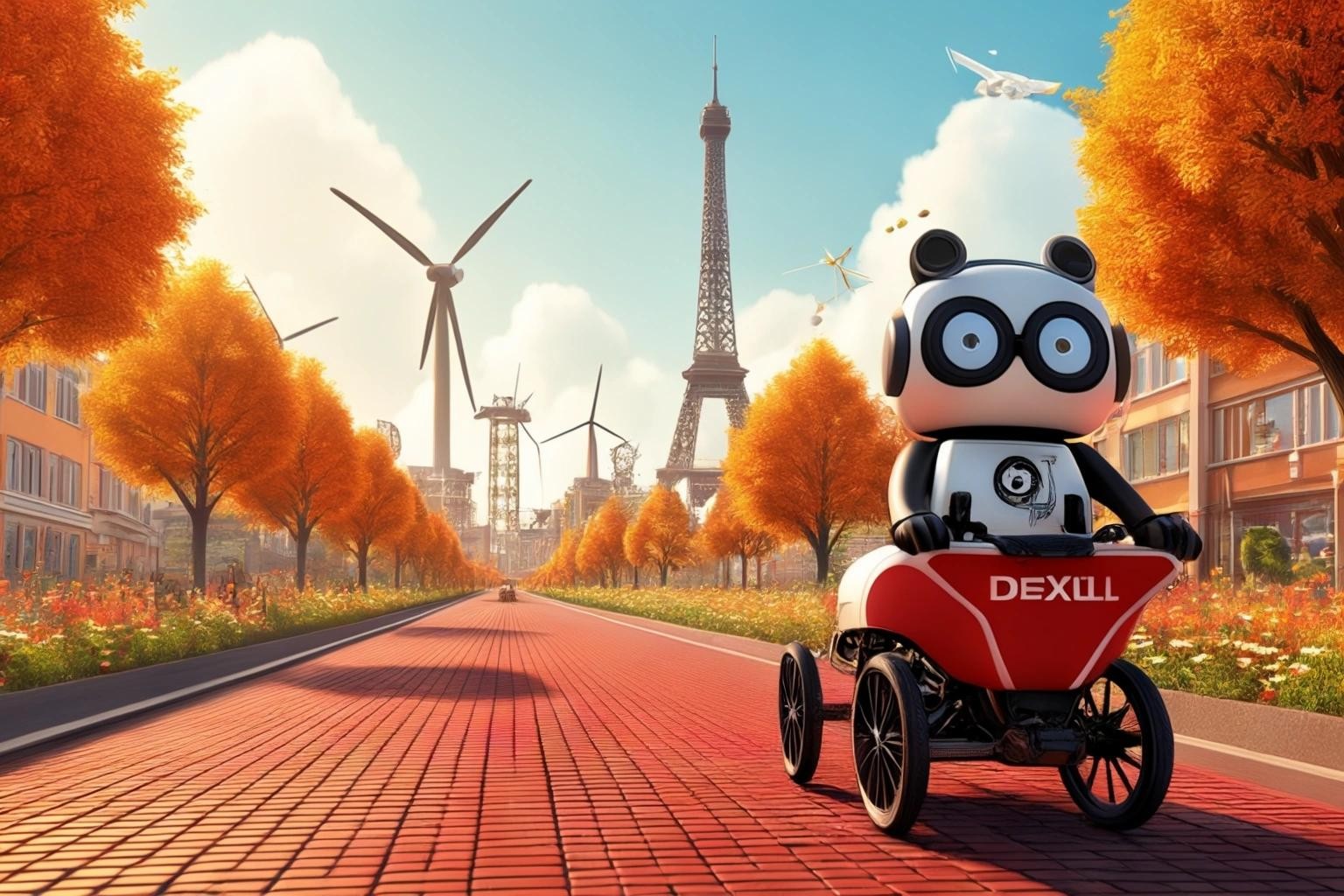 Image with seed 210377415 generated via Stable Diffusion through @stablehorde@sigmoid.social. Prompt: Tux the Linux mascot driving a cargo bike with Wall-E in it on a red colored bike lane in future city of Dresden in the year 2045 with wind generators, photovoltaic panels on the buildings, trees and flowers in the background.