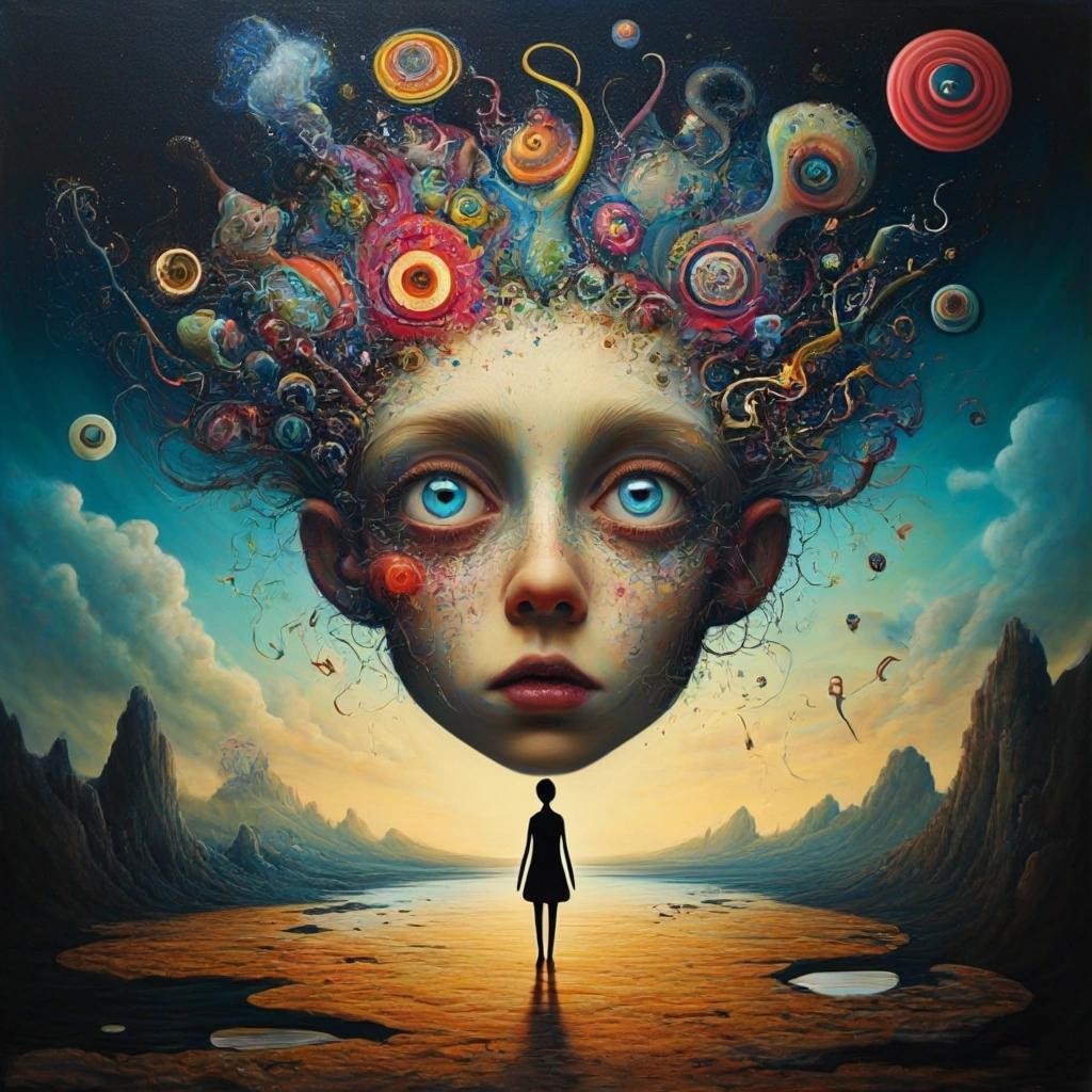 Image with seed 3414423489 generated via Stable Diffusion through @stablehorde@sigmoid.social. Prompt: Of all the things that I have lost, It is my mind I miss the most. Surrealism, psychedelic, magic realism, whimsical, playful, chaotic, energetic, silly