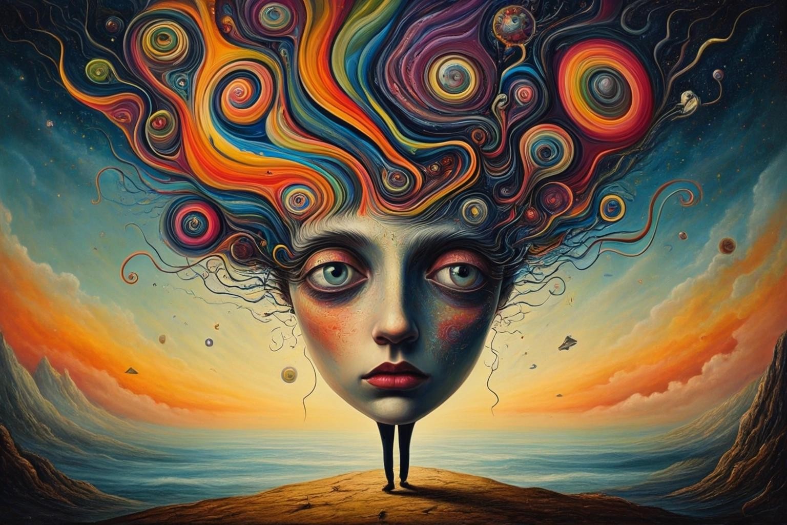 Image with seed 1719800845 generated via Stable Diffusion through @stablehorde@sigmoid.social. Prompt: Of all the things that I have lost, It is my mind I miss the most. Surrealism, psychedelic, magic realism, whimsical, playful, chaotic, energetic, silly