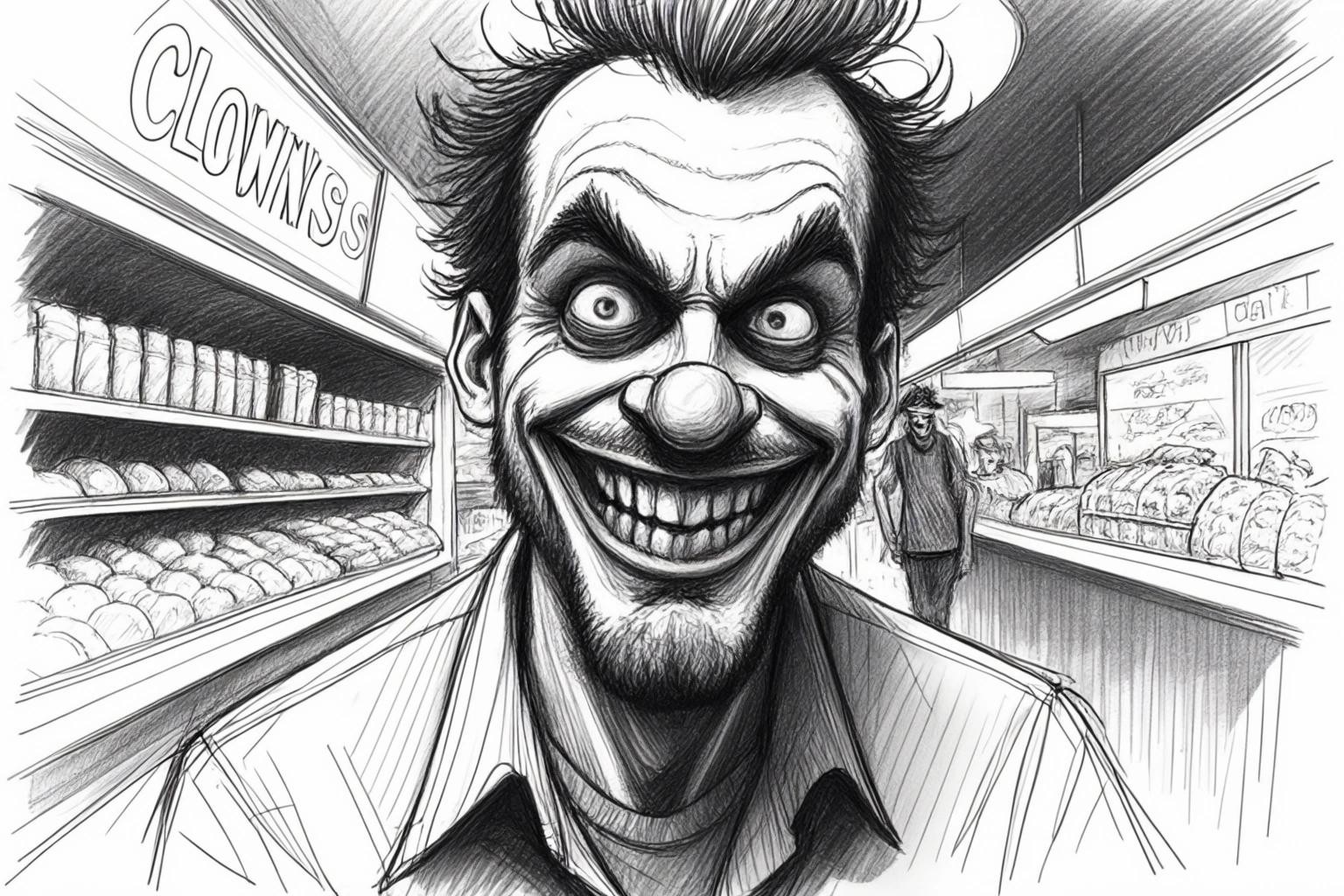 Image with seed 1139562643 generated via Stable Diffusion through @stablehorde@sigmoid.social. Prompt: a sketch of an insane looking man with stubble and a big mad grin and a clowns nose standing in food store