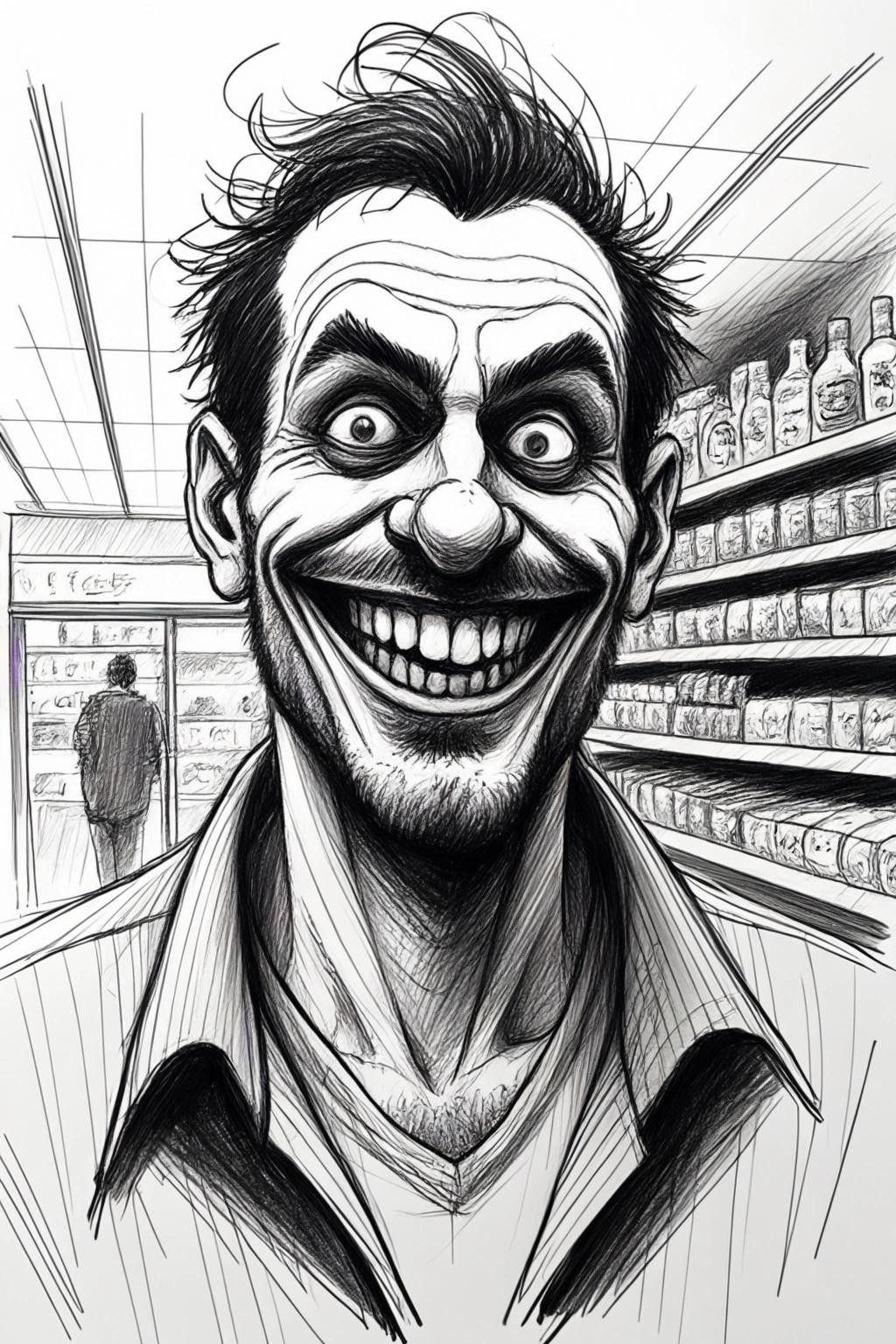 Image with seed 3887602532 generated via Stable Diffusion through @stablehorde@sigmoid.social. Prompt: a sketch of an insane looking man with stubble and a big mad grin and a clowns nose standing in food store
