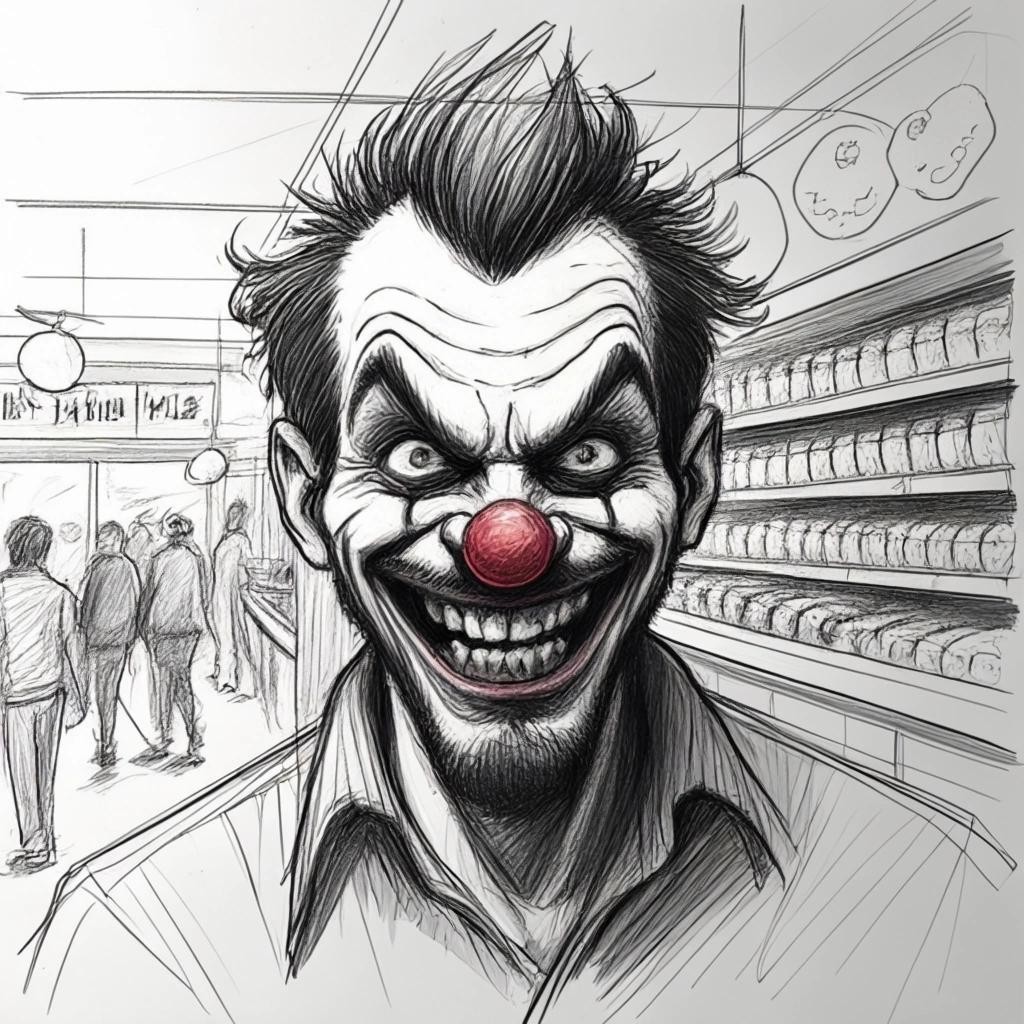 Image with seed 2909123768 generated via Stable Diffusion through @stablehorde@sigmoid.social. Prompt: a sketch of an insane looking man with stubble and a big mad grin and a clowns nose standing in food store