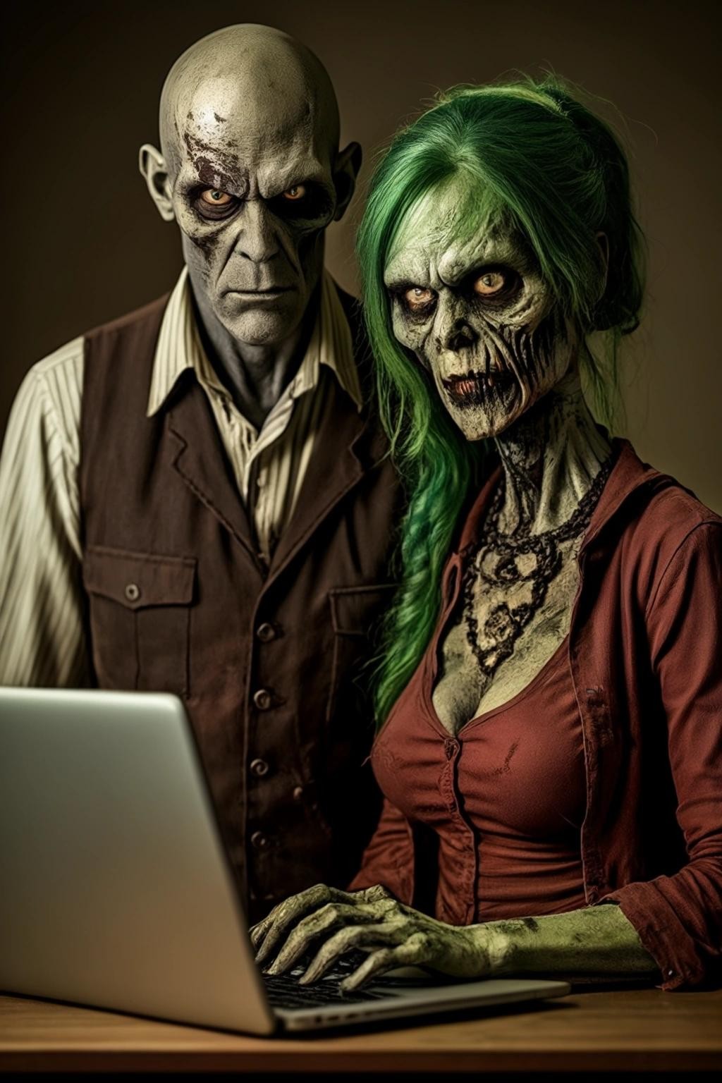 Image with seed 3965547992 generated via Stable Diffusion through @stablehorde@sigmoid.social. Prompt: a picture of a bold middle aged zombie man and his zombie wife standing close to a laptop a the office