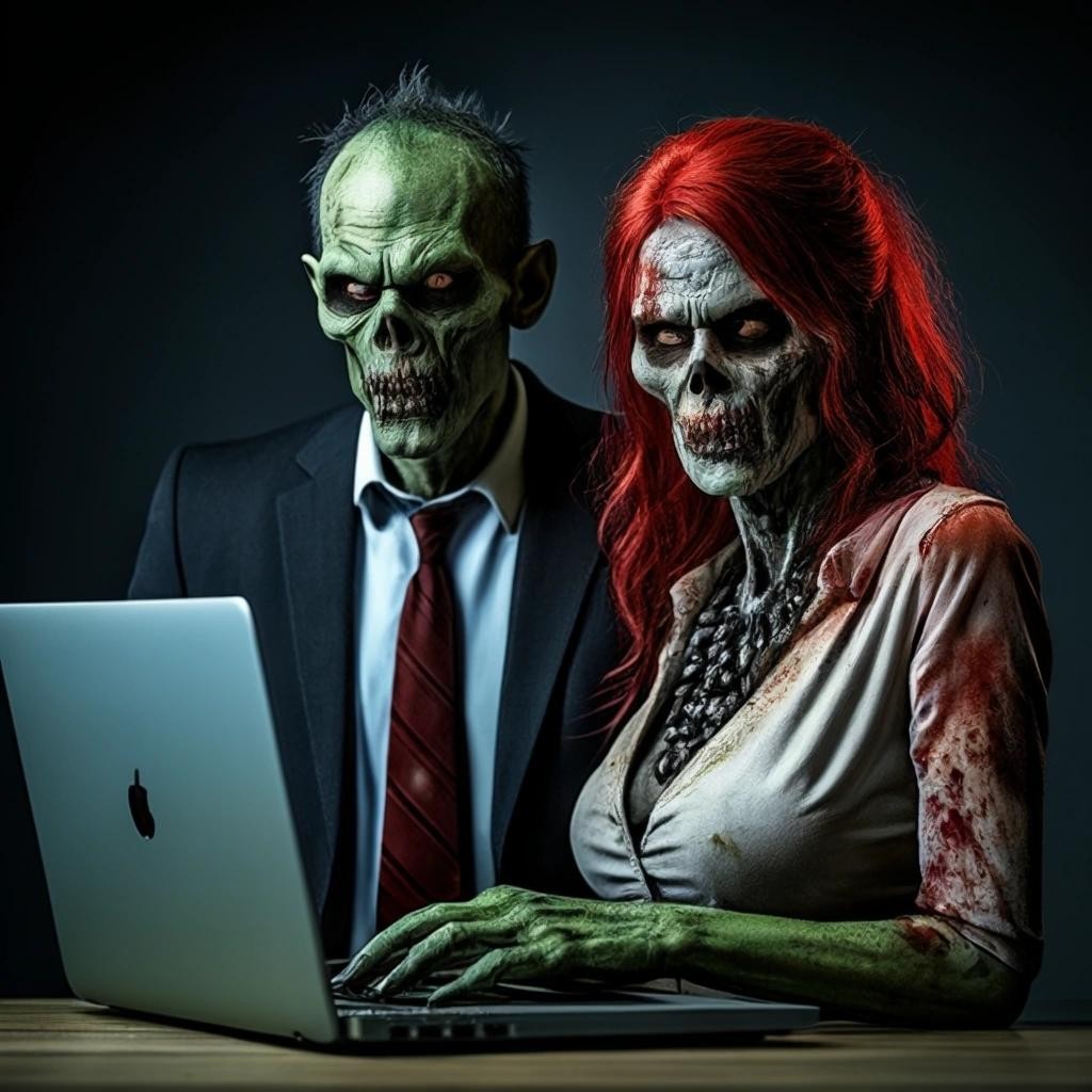 Image with seed 3836474428 generated via Stable Diffusion through @stablehorde@sigmoid.social. Prompt: a picture of a bold middle aged zombie man and his zombie wife standing close to a laptop a the office