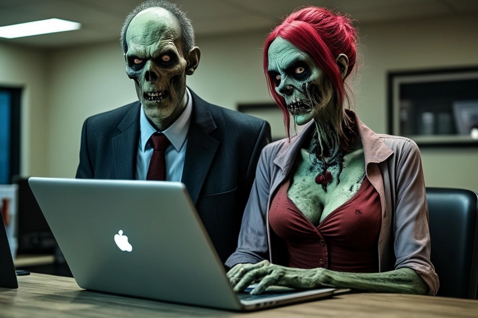 Image with seed 1685053595 generated via Stable Diffusion through @stablehorde@sigmoid.social. Prompt: a picture of a bold middle aged zombie man and his zombie wife standing close to a laptop a the office