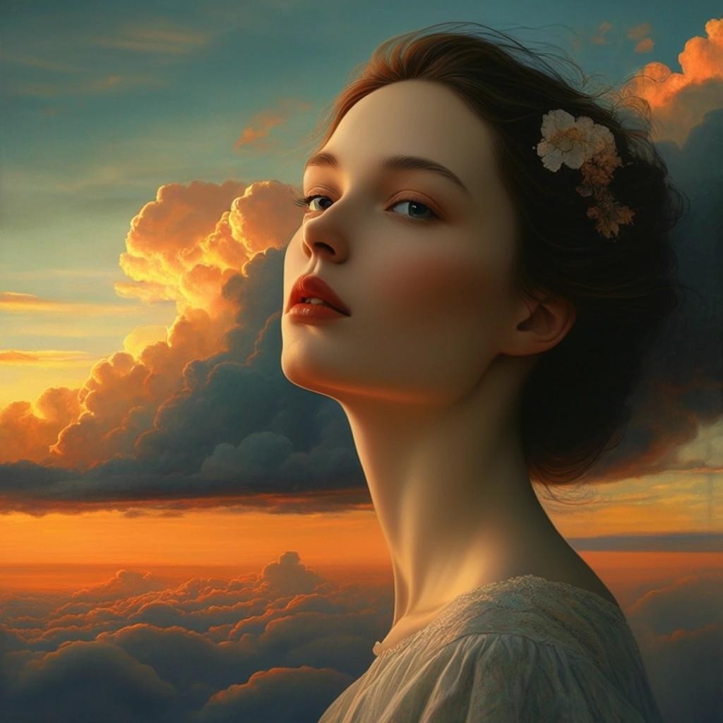 Image with seed 2008655094 generated via Stable Diffusion through @stablehorde@sigmoid.social. Prompt: Beautiful woman. Mysterious. Beautiful clouds at sunset., spare style, liminal, Illustration By Marguerite Delorme, Chokha, Marguerite Zorach, Egon Schiele, Milo Manara, Catrin Welz-Stein, Nicoletta Ceccoli, Kay Nielsen, andrew wyeth, edward gorey, hope gangloff