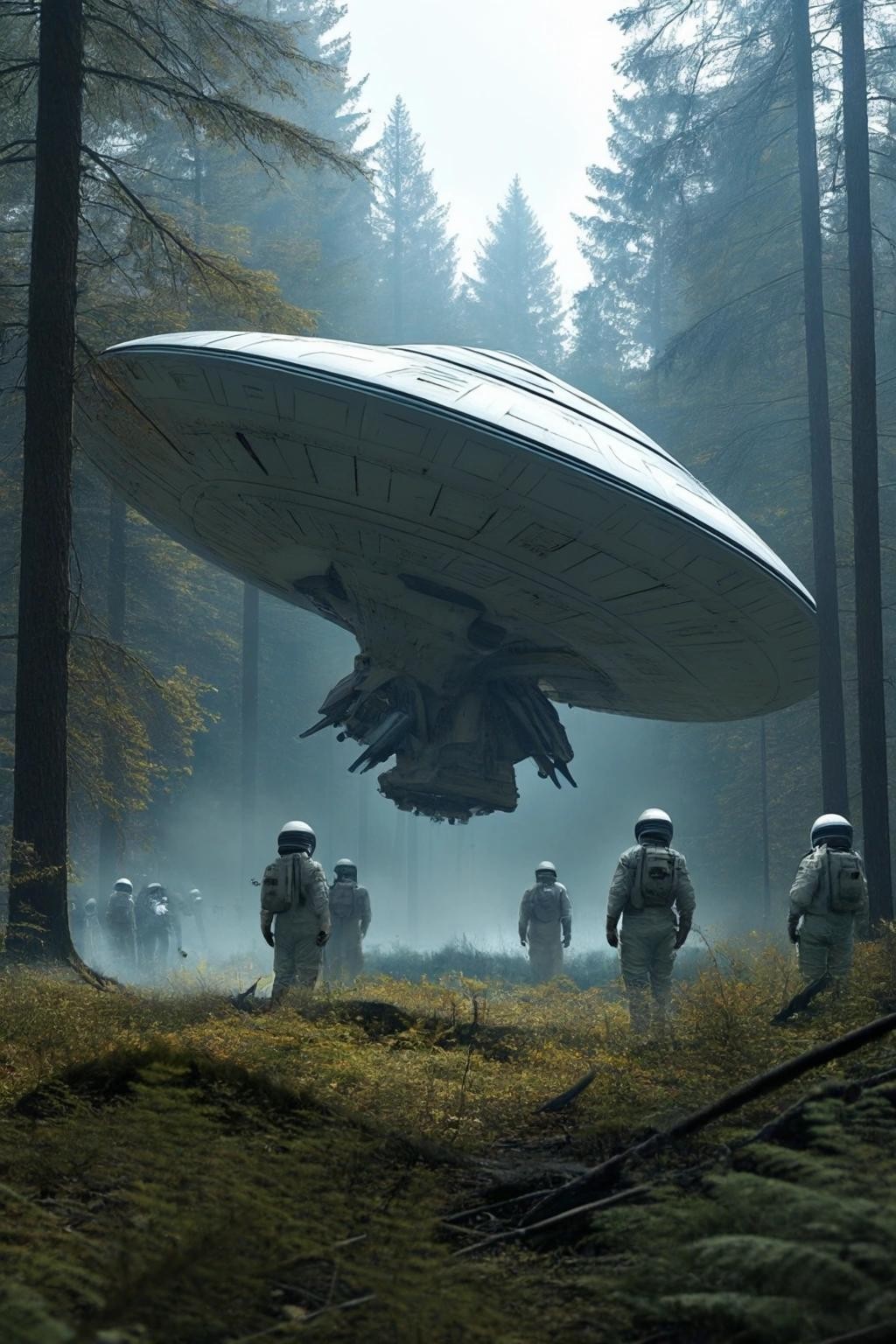 Image with seed 4200470647 generated via Stable Diffusion through @stablehorde@sigmoid.social. Prompt: an advanced asymmetric alien UFO crashed in the woods in a clearing, daytime, military crews and scientists in environmental suits recovering it