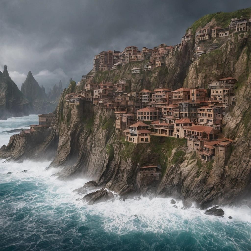 Image with seed 1364720467 generated via Stable Diffusion through @stablehorde@sigmoid.social. Prompt: a cityscape of buildings carved into cliffs rising above stormy ocean shores###trees,ships,people 