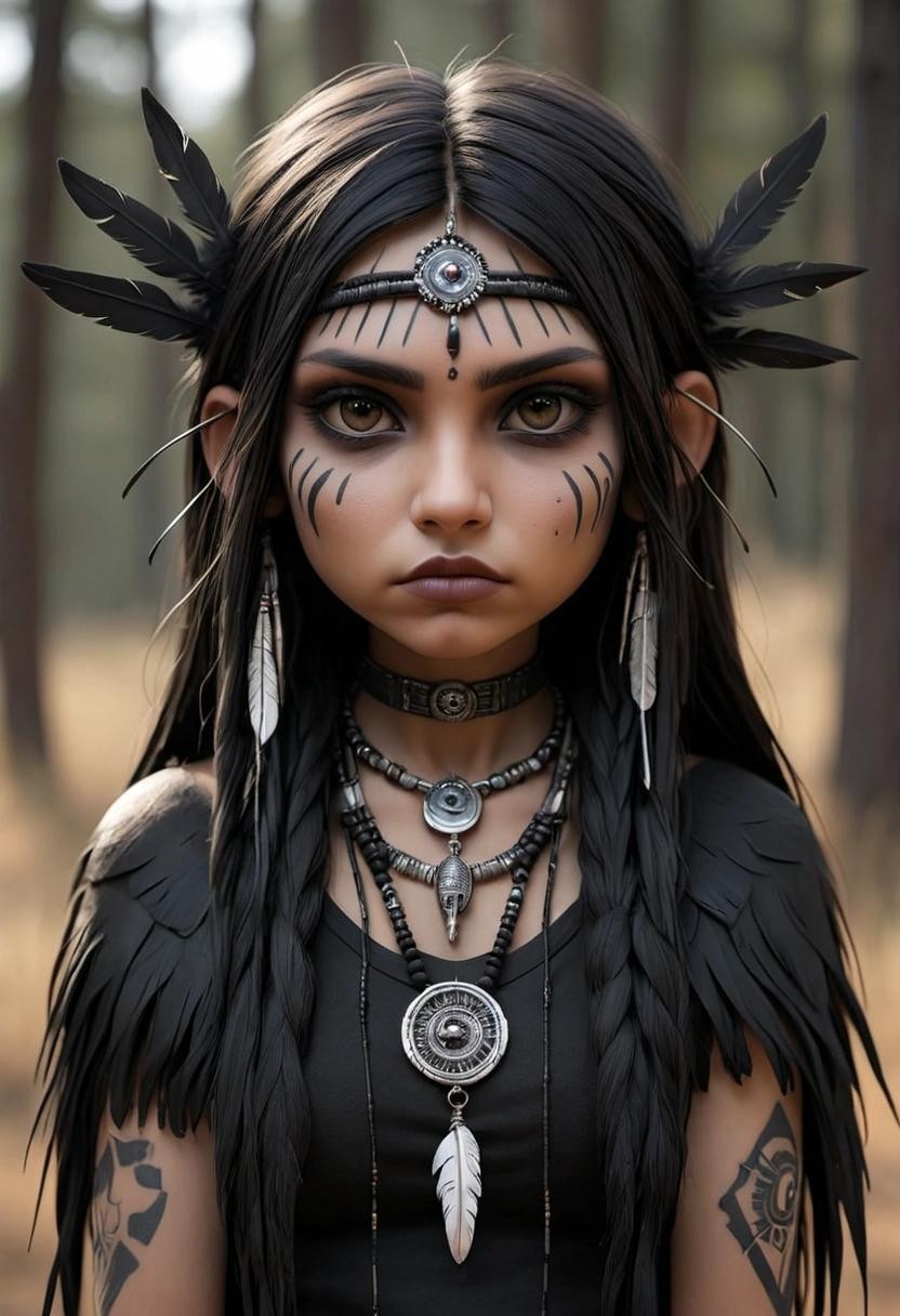 Image with seed 2030872463 generated via Stable Diffusion through @stablehorde@sigmoid.social. Prompt: native american goth girl 