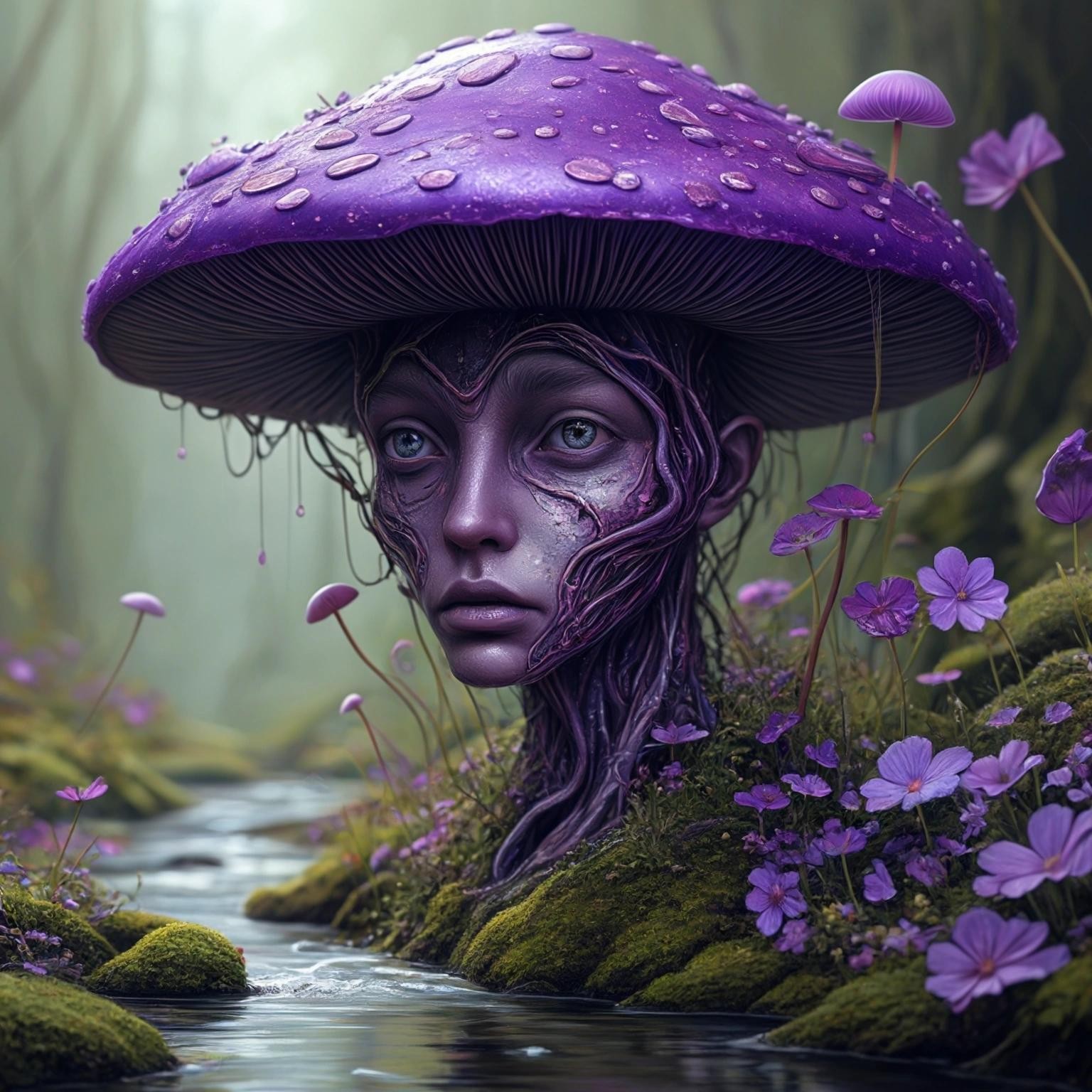 Image with seed 2668429830 generated via Stable Diffusion through @stablehorde@sigmoid.social. Prompt: Surrealism. An illustrated Mushroom-man. Metallic violet skin, and a river flowing down the mushroom cap. Flowers, a garden, lines, frogs with small mushrooms growing out of them, magical surrealism