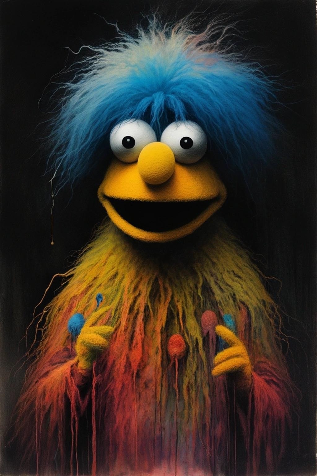 Image with seed 3867815753 generated via Stable Diffusion through @stablehorde@sigmoid.social. Prompt: Occult Sesame Street ;colourful, creepy, Stephen Gammell, Zdzislaw Beksinski, Yossi Kotler, Eric Lacombe