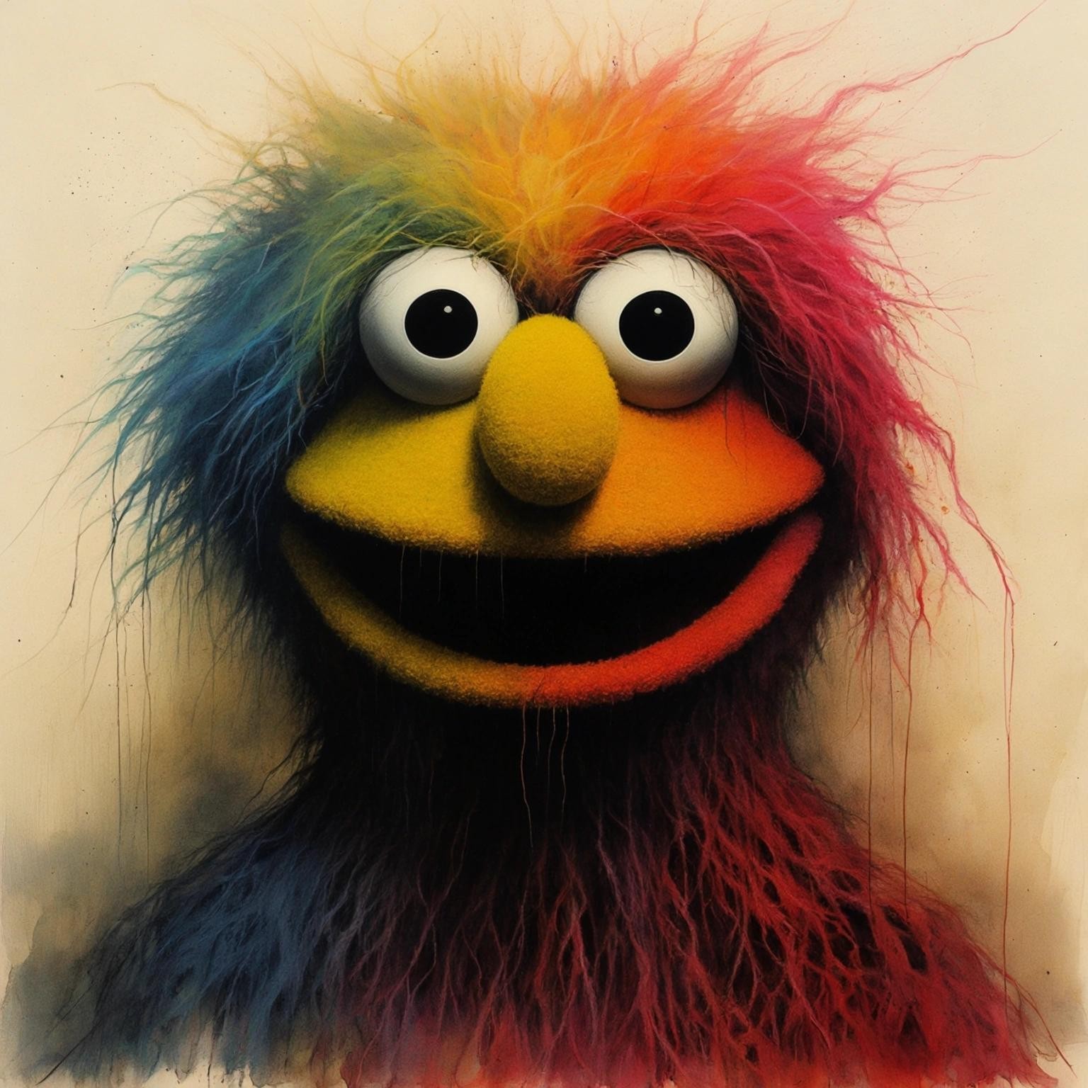 Image with seed 3858858501 generated via Stable Diffusion through @stablehorde@sigmoid.social. Prompt: Occult Sesame Street ;colourful, creepy, Stephen Gammell, Zdzislaw Beksinski, Yossi Kotler, Eric Lacombe