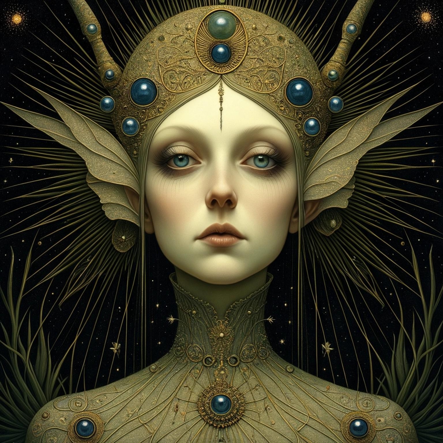 Image with seed 3775765796 generated via Stable Diffusion through @stablehorde@sigmoid.social. Prompt: Queen of the Night, elf, fairy, magical, fantasy, by Hieronymous Bosch, Naoto Hattori, Caspar David Friedrich, Aubrey Beardsley, Justin O'Neal, Daniel Merriam, Leonora Carrington, Ernst Haeckel, tinted glass figures