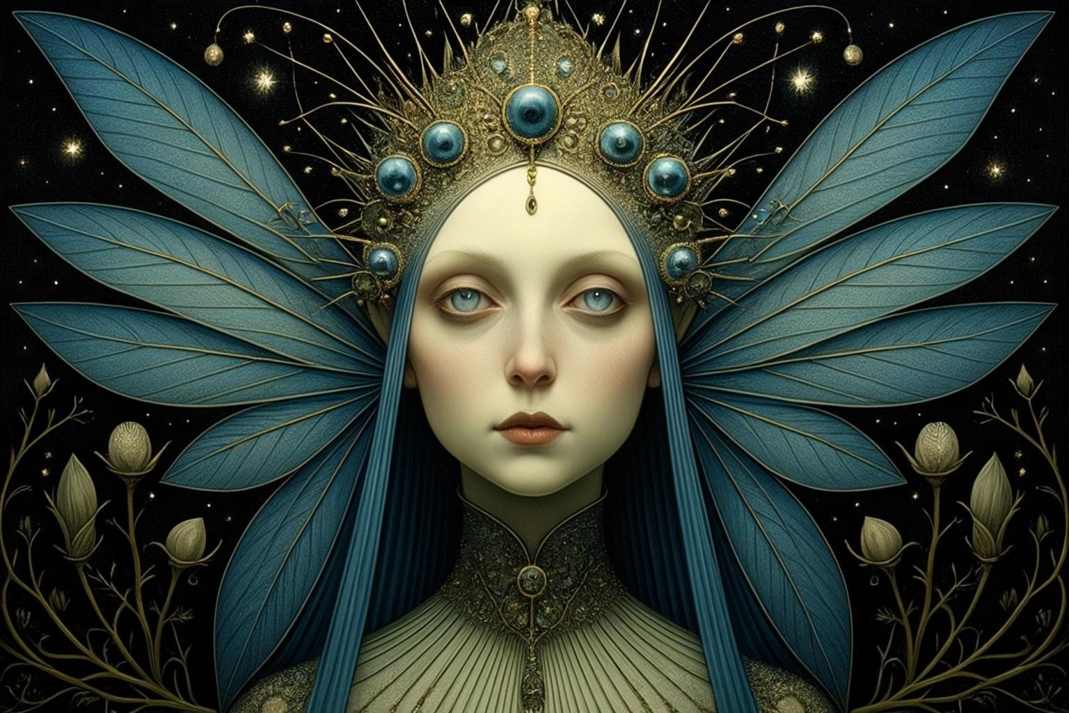 Image with seed 850564774 generated via Stable Diffusion through @stablehorde@sigmoid.social. Prompt: Queen of the Night, elf, fairy, magical, fantasy, by Hieronymous Bosch, Naoto Hattori, Caspar David Friedrich, Aubrey Beardsley, Justin O'Neal, Daniel Merriam, Leonora Carrington, Ernst Haeckel, tinted glass figures