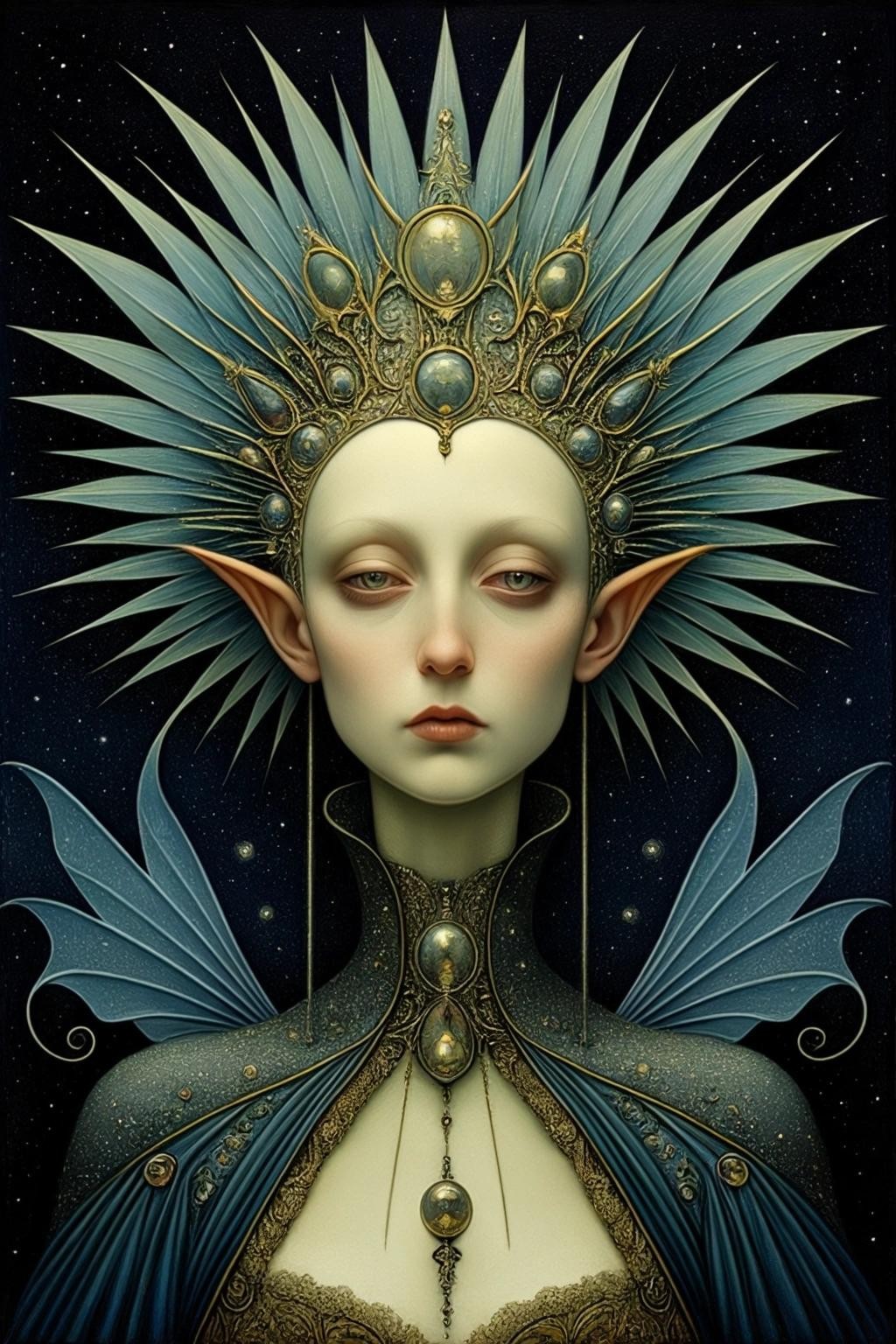 Image with seed 3352720236 generated via Stable Diffusion through @stablehorde@sigmoid.social. Prompt: Queen of the Night, elf, fairy, magical, fantasy, by Hieronymous Bosch, Naoto Hattori, Caspar David Friedrich, Aubrey Beardsley, Justin O'Neal, Daniel Merriam, Leonora Carrington, Ernst Haeckel, tinted glass figures