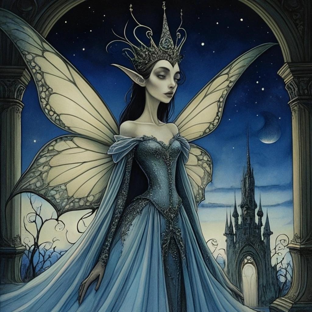 Image with seed 3086382064 generated via Stable Diffusion through @stablehorde@sigmoid.social. Prompt: Queen of the Night, elf, fairy, magical, fantasy, Tim Burton, Anton Pieck, Anton Gaudi, Salvador Dali