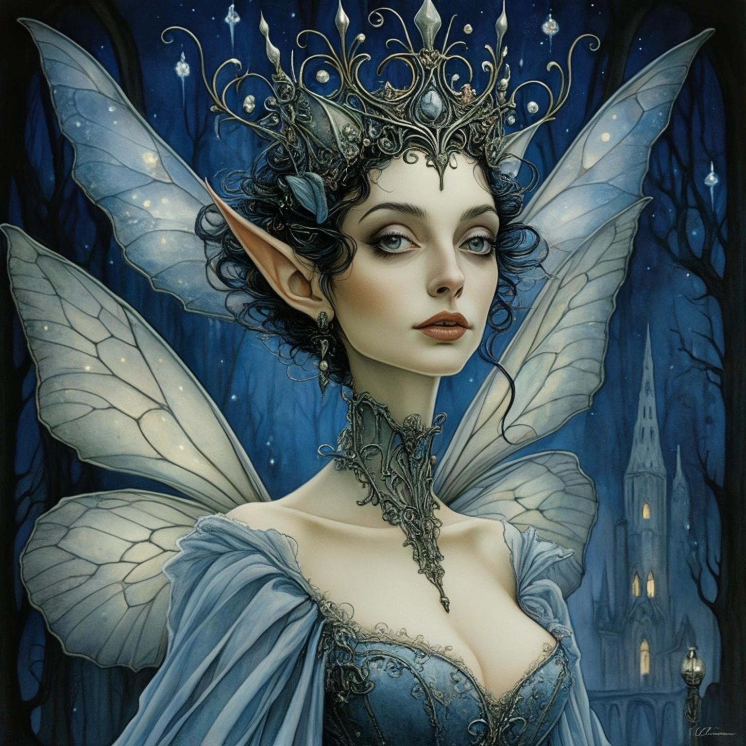 Image with seed 1218493494 generated via Stable Diffusion through @stablehorde@sigmoid.social. Prompt: Queen of the Night, elf, fairy, magical, fantasy, Tim Burton, Anton Pieck, Anton Gaudi, Salvador Dali