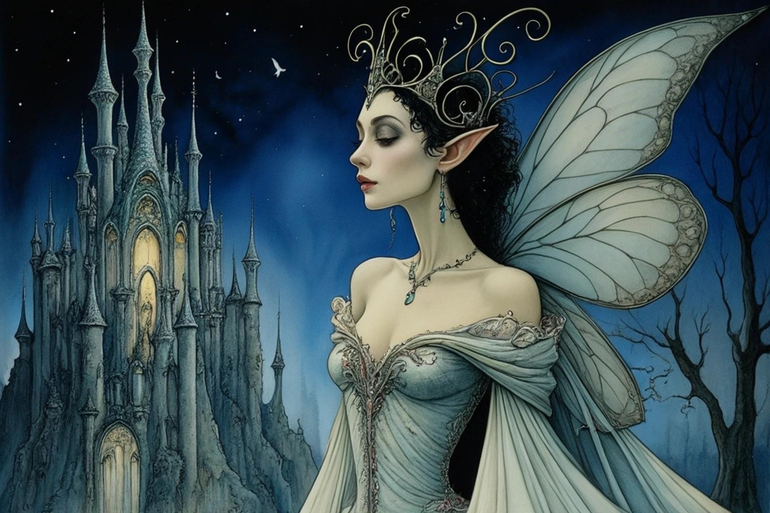 Image with seed 4178272256 generated via Stable Diffusion through @stablehorde@sigmoid.social. Prompt: Queen of the Night, elf, fairy, magical, fantasy, Tim Burton, Anton Pieck, Anton Gaudi, Salvador Dali
