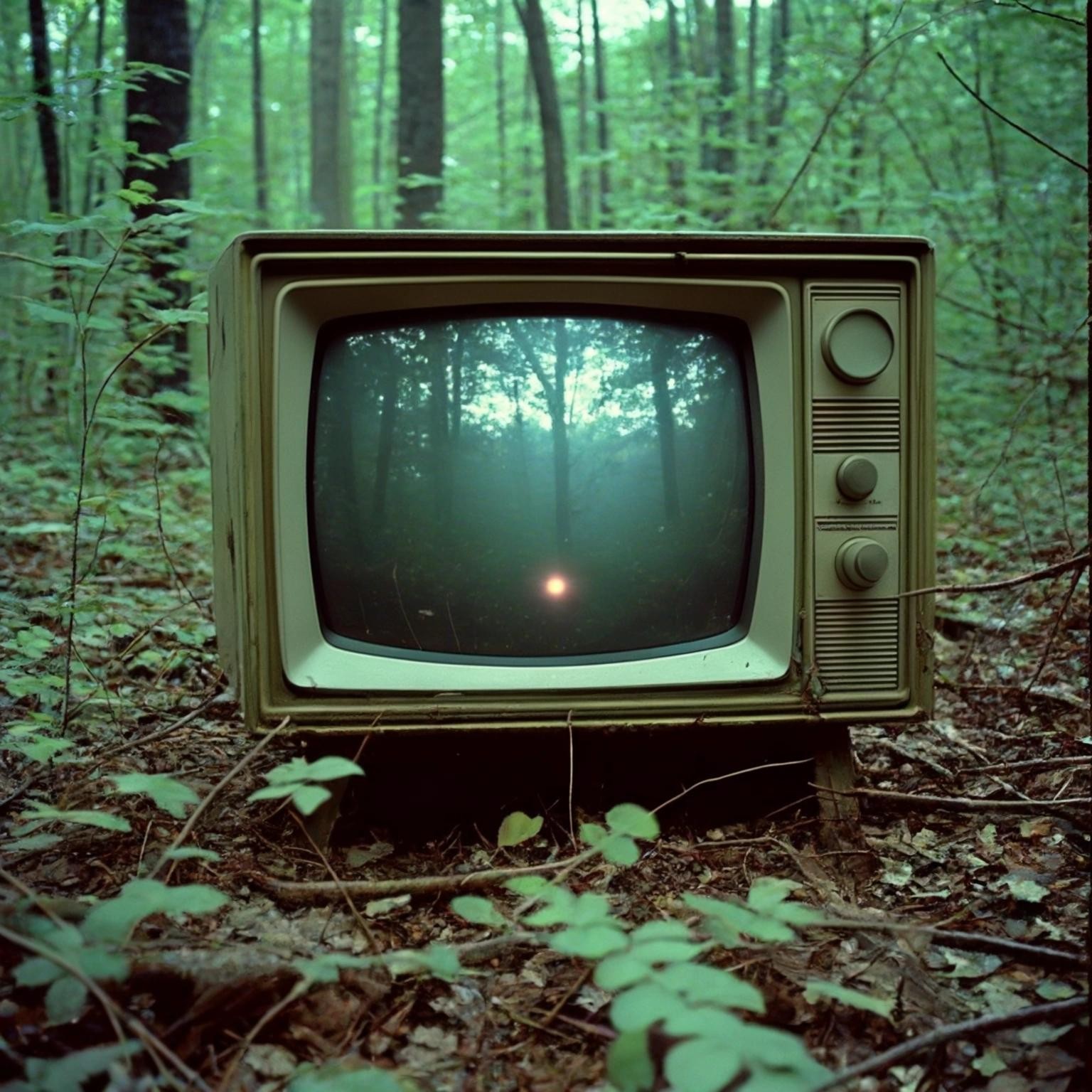 Image with seed 2371075726 generated via Stable Diffusion through @stablehorde@sigmoid.social. Prompt: trailcamera footage of a 1970s crt tv in the woods