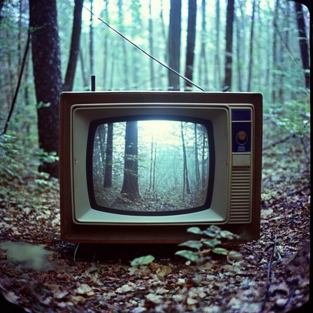 Image with seed 1520271482 generated via Stable Diffusion through @stablehorde@sigmoid.social. Prompt: trailcamera footage of a 1970s crt tv in the woods