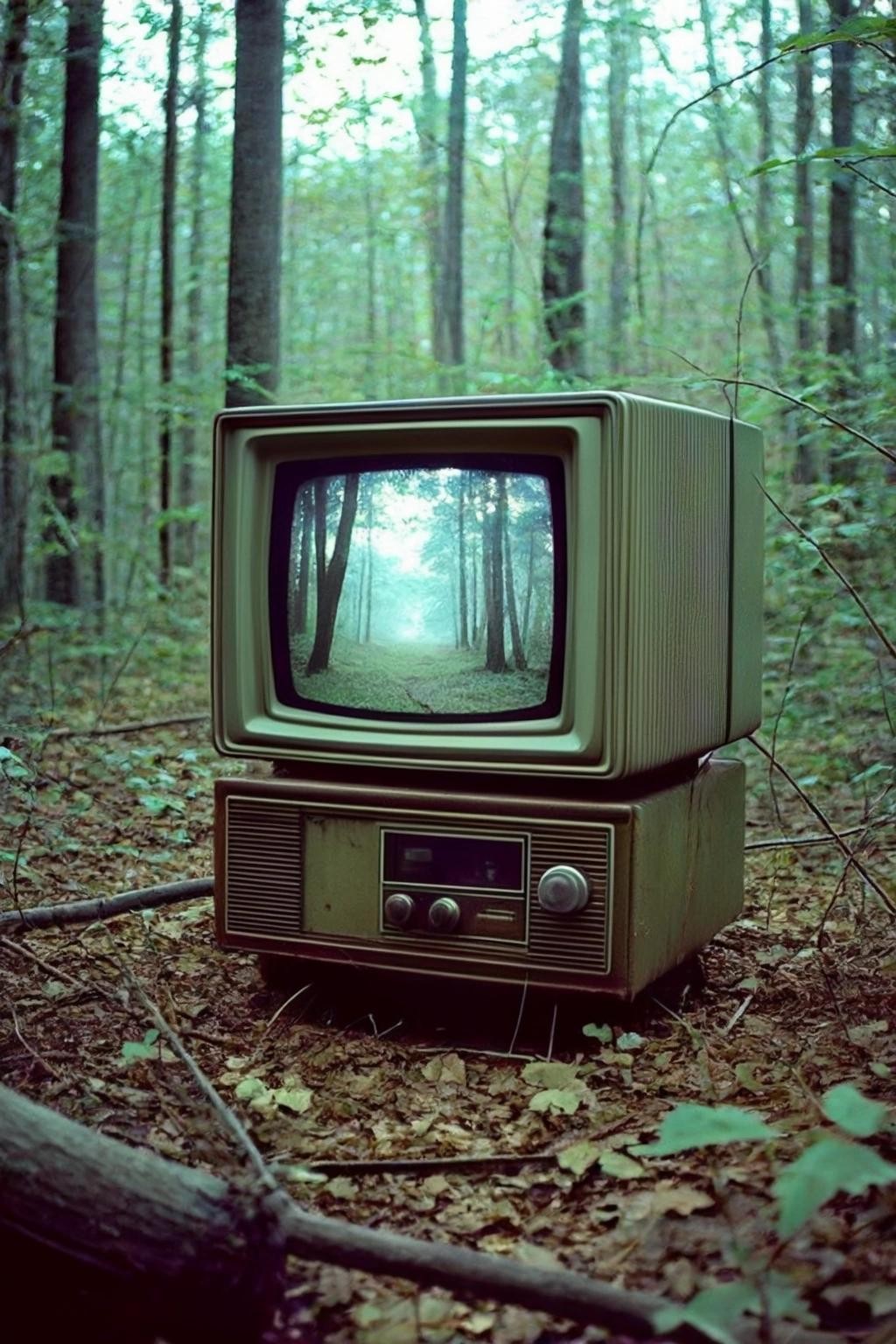 Image with seed 1668335752 generated via Stable Diffusion through @stablehorde@sigmoid.social. Prompt: trailcamera footage of a 1970s crt tv in the woods