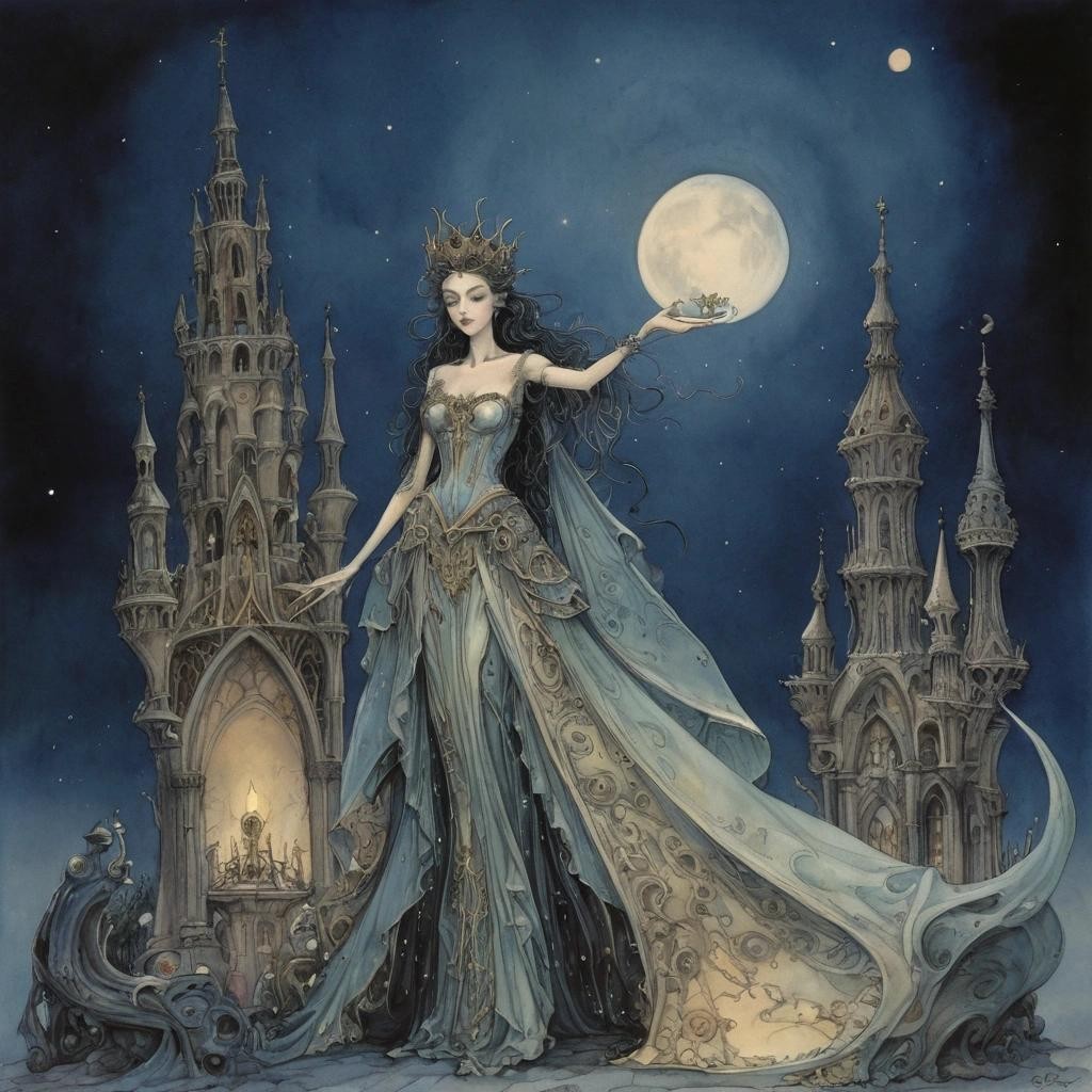 Image with seed 1235455758 generated via Stable Diffusion through @stablehorde@sigmoid.social. Prompt: Queen of the Night, elf, fairy, magical, fantasy, Tim Burton, Anton Pieck, Anton Gaudi, Salvador Dali 