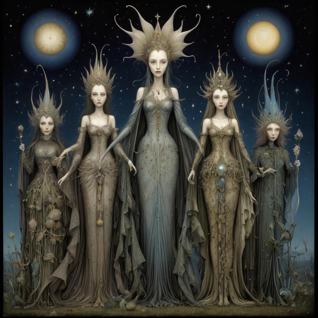 Image with seed 2914529274 generated via Stable Diffusion through @stablehorde@sigmoid.social. Prompt: Queen of the Night, elf, fairy, magical, fantasy, by Hieronymous Bosch, Naoto Hattori, Caspar David Friedrich, Aubrey Beardsley, Justin O'Neal, Daniel Merriam, Leonora Carrington, Ernst Haeckel, tinted glass figures 