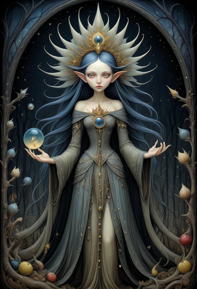 Image with seed 2339694142 generated via Stable Diffusion through @stablehorde@sigmoid.social. Prompt: Queen of the Night, elf, fairy, magical, fantasy, by Hieronymous Bosch, Naoto Hattori, Caspar David Friedrich, Aubrey Beardsley, Justin O'Neal, Daniel Merriam, Leonora Carrington, Ernst Haeckel, tinted glass figures 