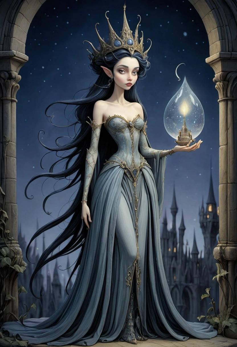 Image with seed 456231721 generated via Stable Diffusion through @stablehorde@sigmoid.social. Prompt: Queen of the Night, elf, fairy, magical, fantasy, Tim Burton, Anton Pieck, Anton Gaudi, Salvador Dali 