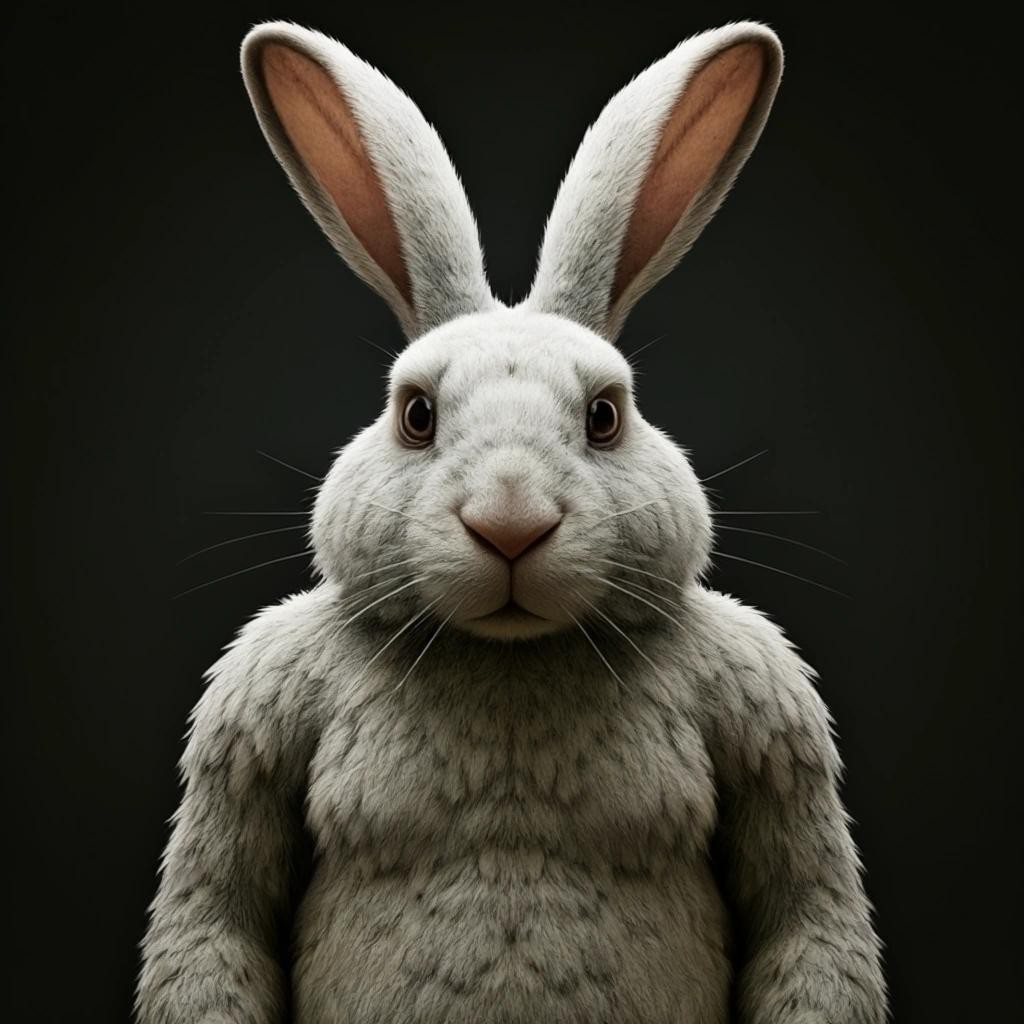 Image with seed 2015222133 generated via Stable Diffusion through @stablehorde@sigmoid.social. Prompt: a picture of a gigant rabbit with enormous possum eyes and human arms on the rabbit.
