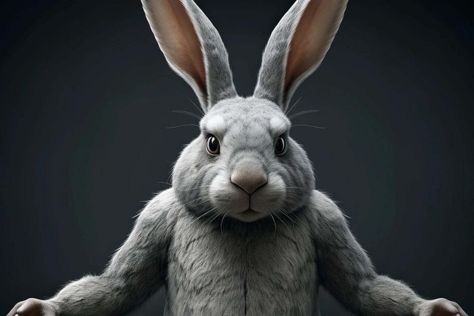 Image with seed 3221342881 generated via Stable Diffusion through @stablehorde@sigmoid.social. Prompt: a picture of a gigant rabbit with enormous possum eyes and human arms on the rabbit.