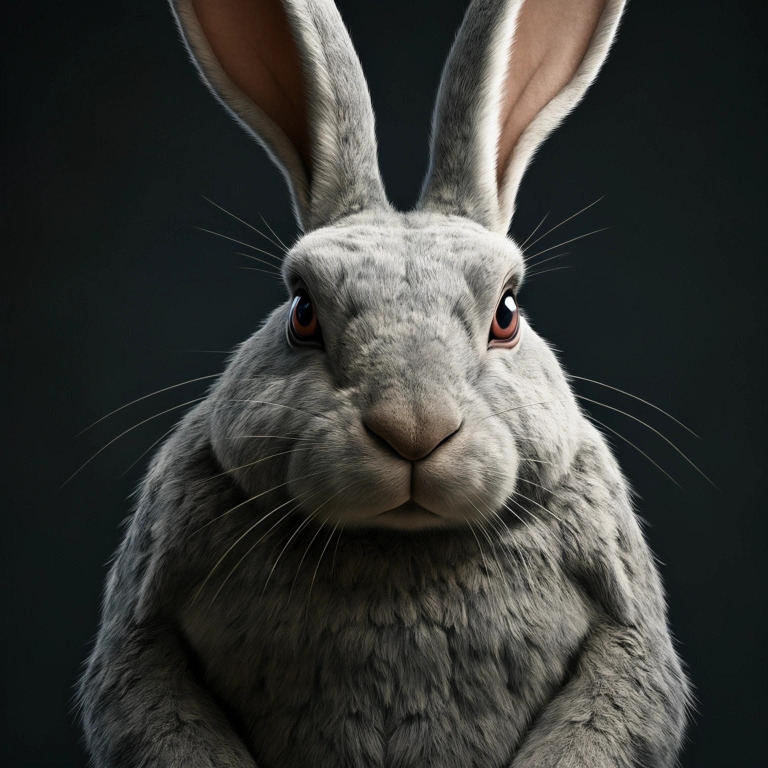 Image with seed 3737142643 generated via Stable Diffusion through @stablehorde@sigmoid.social. Prompt: a picture of a gigant rabbit with enormous possum eyes and human arms on the rabbit.