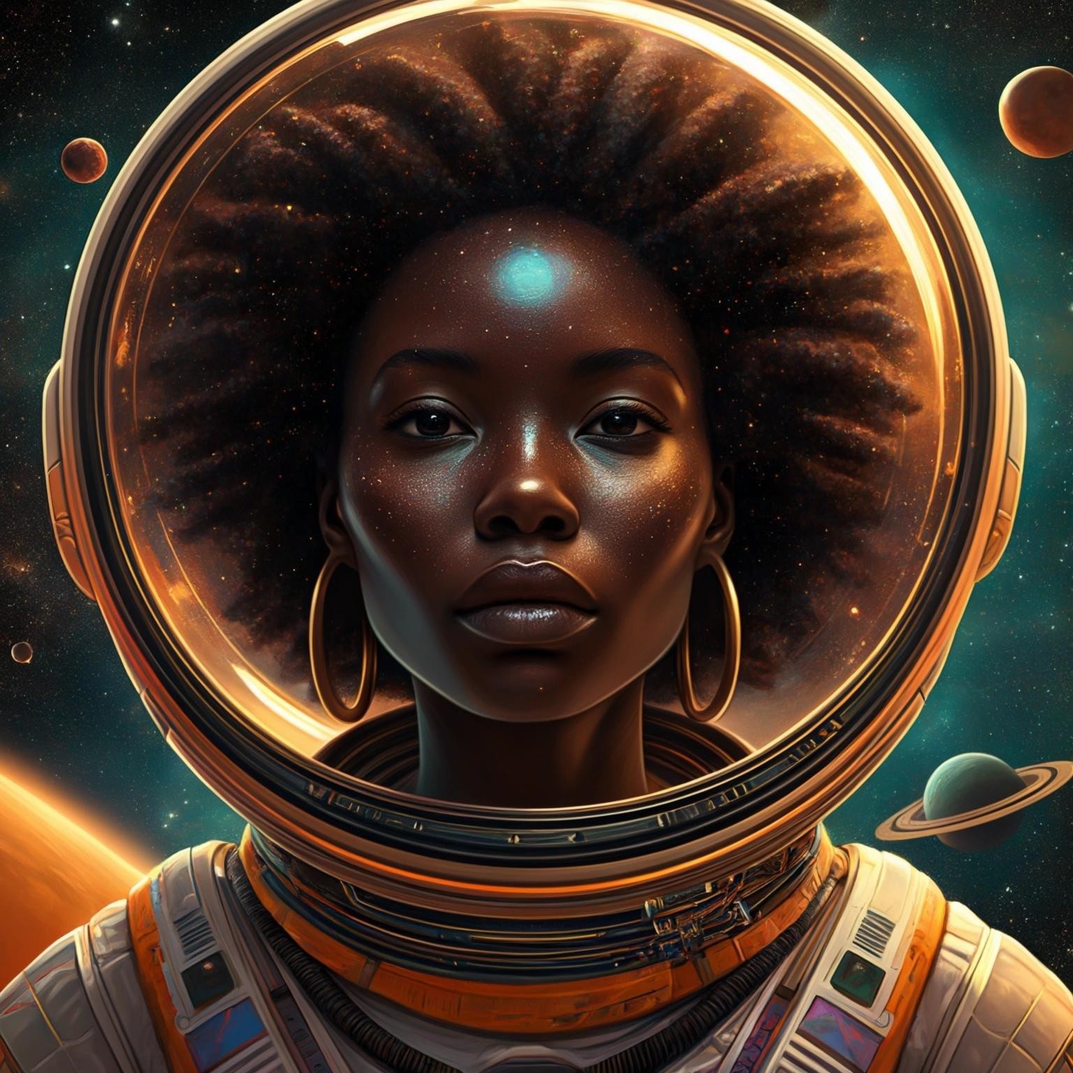 Image with seed 578245009 generated via Stable Diffusion through @stablehorde@sigmoid.social. Prompt: African woman in space, afrofuturism