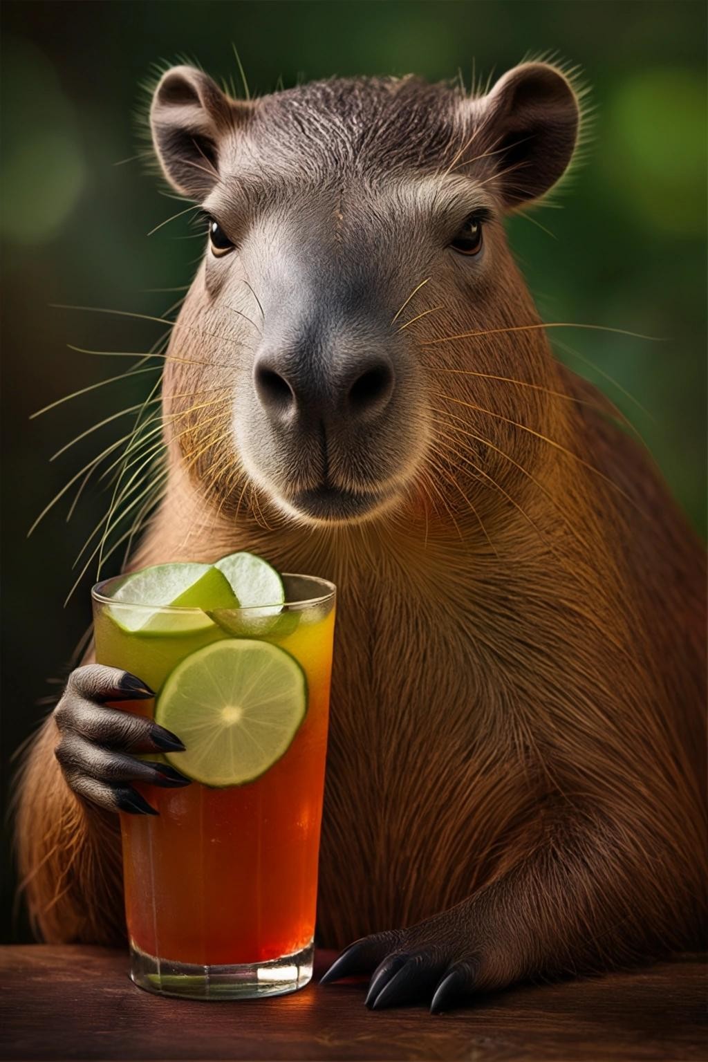 Image with seed 87156212 generated via Stable Diffusion through @stablehorde@sigmoid.social. Prompt: a capybara with a caipirinha drink