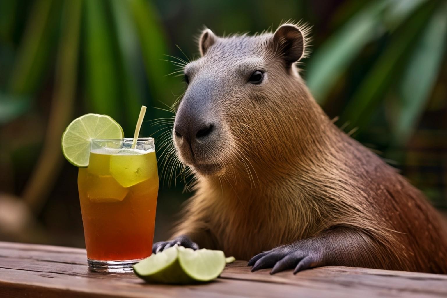Image with seed 348382982 generated via Stable Diffusion through @stablehorde@sigmoid.social. Prompt: a capybara with a caipirinha drink