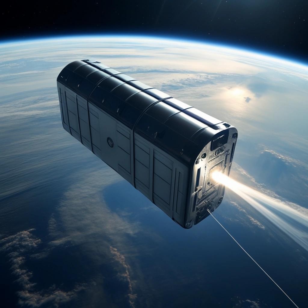 Image with seed 1212302629 generated via Stable Diffusion through @stablehorde@sigmoid.social. Prompt: a large battery pack re-entering the Earth’s atmosphere from space.