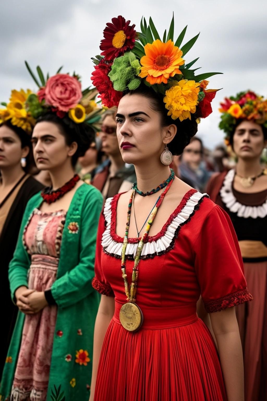Image with seed 1004295336 generated via Stable Diffusion through @stablehorde@sigmoid.social. Prompt: a group of people in Frida Kahlo costumes demonstrating for the climate
