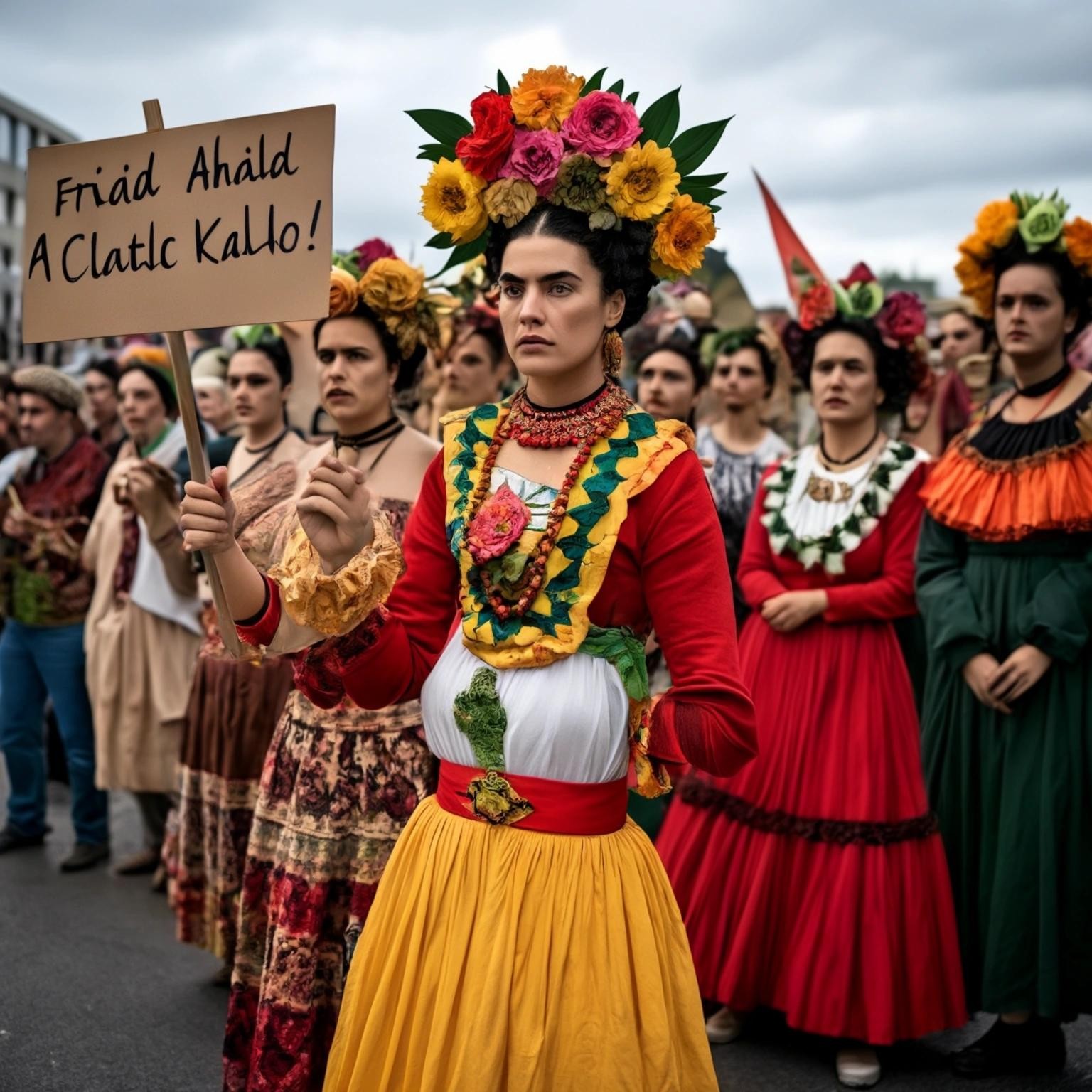 Image with seed 3055863056 generated via Stable Diffusion through @stablehorde@sigmoid.social. Prompt: a group of people in Frida Kahlo costumes demonstrating for the climate