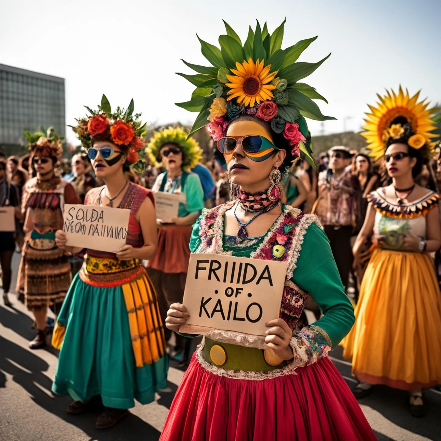 Image with seed 3968134610 generated via Stable Diffusion through @stablehorde@sigmoid.social. Prompt: a solarpunk group of people in Frida Kahlo costumes demonstrating for the climate