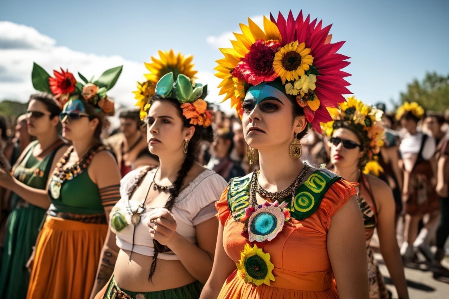 Image with seed 2494995433 generated via Stable Diffusion through @stablehorde@sigmoid.social. Prompt: a solarpunk group of people in Frida Kahlo costumes demonstrating for the climate