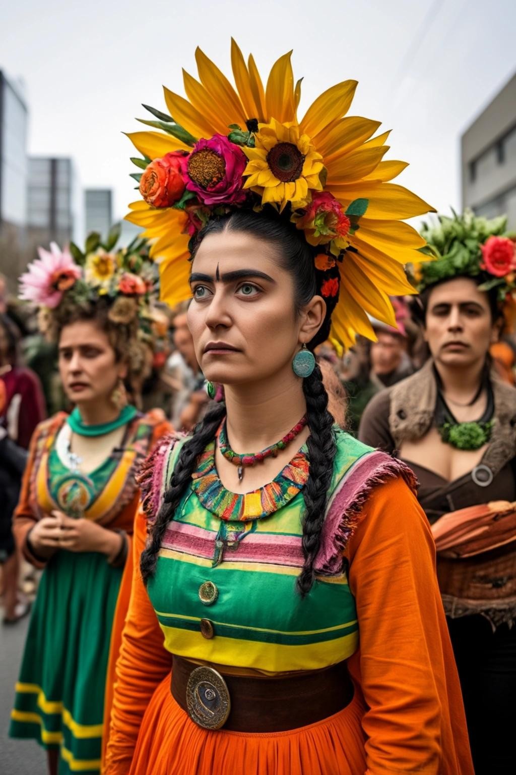 Image with seed 1301375431 generated via Stable Diffusion through @stablehorde@sigmoid.social. Prompt: a solarpunk group of people in Frida Kahlo costumes demonstrating for the climate