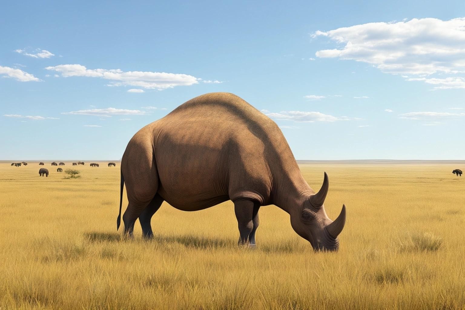 Image with seed 232434953 generated via Stable Diffusion through @stablehorde@sigmoid.social. Prompt: a prairie with a grazing paraceratherium. 