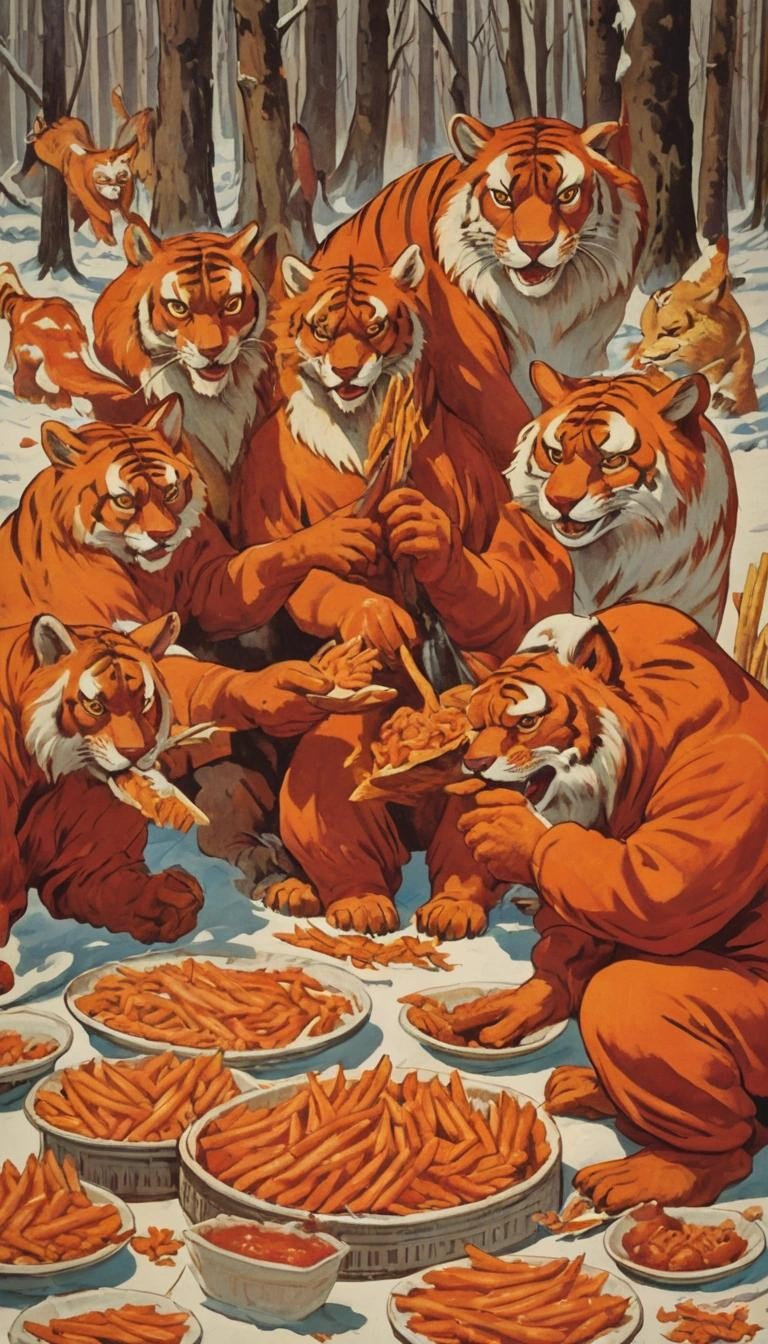 Image with seed 3496481245 generated via Stable Diffusion through @stablehorde@sigmoid.social. Prompt: USSR soviet propaganda poster, a friendly group of tigers and bears preparing sweet potato fries they’re about to share with a fox ###photorealistic, cute, modern,